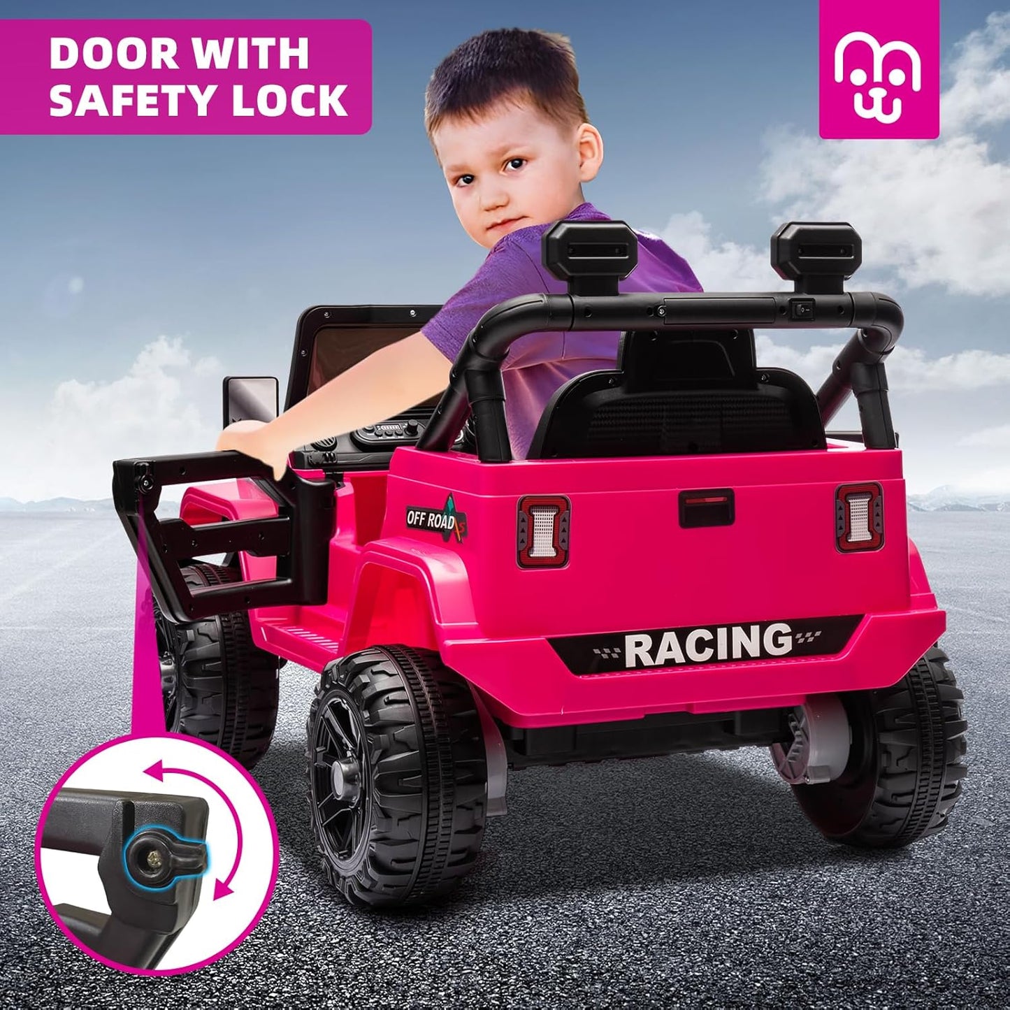 12V Kids Electric Ride on Truck Car Remote Control, Twin 35W Motors 3.5MPH Max Speed, Bluetooth USB Music Player, 4 Wheels Suspension LED Lights Safety Belt, Gift for Boy & Girl-Rosy