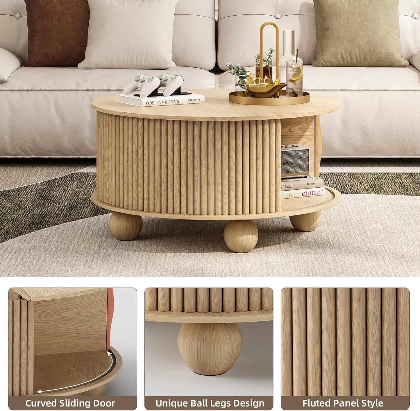 Round Coffee Table with Storage,Fluted Center Table with Sliding Cabinet Door for Living Room,Home Small Space,31.5" Small Center Table,Walnut