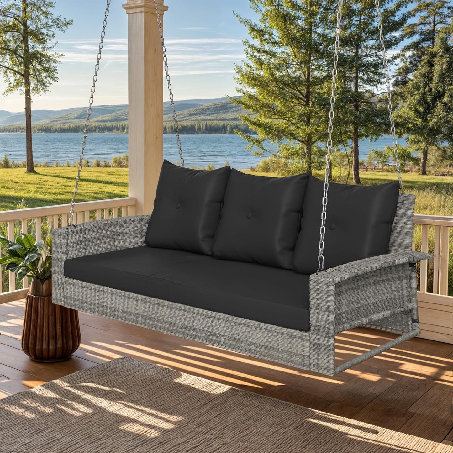 YITAHOME Hanging Porch Swing Chair Sits 3 People, Wicker Outdoor Swing Bench, Patio Lounge Chair, 1 Seating Cushion and 3 Back Cushions, w/Removable Covers, for Garden, Balcony, Backyard, Brown