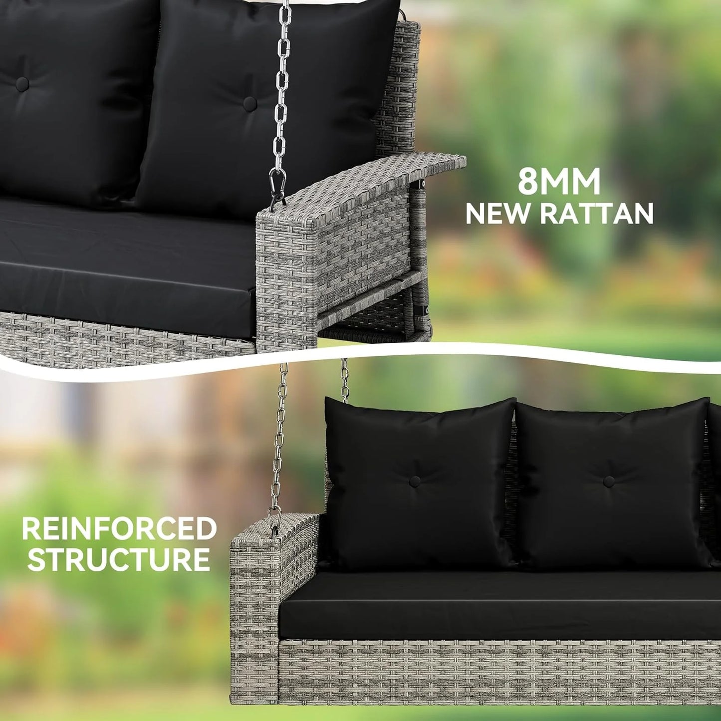 YITAHOME Hanging Porch Swing Chair Sits 3 People, Wicker Outdoor Swing Bench, Patio Lounge Chair, 1 Seating Cushion and 3 Back Cushions, w/Removable Covers, for Garden, Balcony, Backyard, Brown