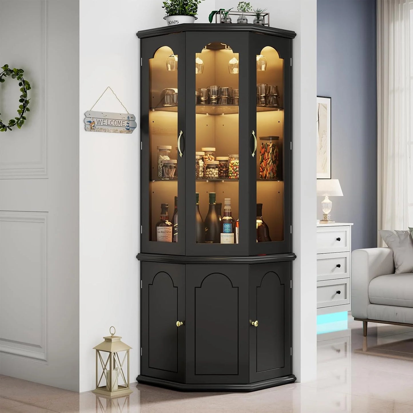 Corner wine cabinet with LED lights, tall modern wine cabinet, home bar wine storage cabinet