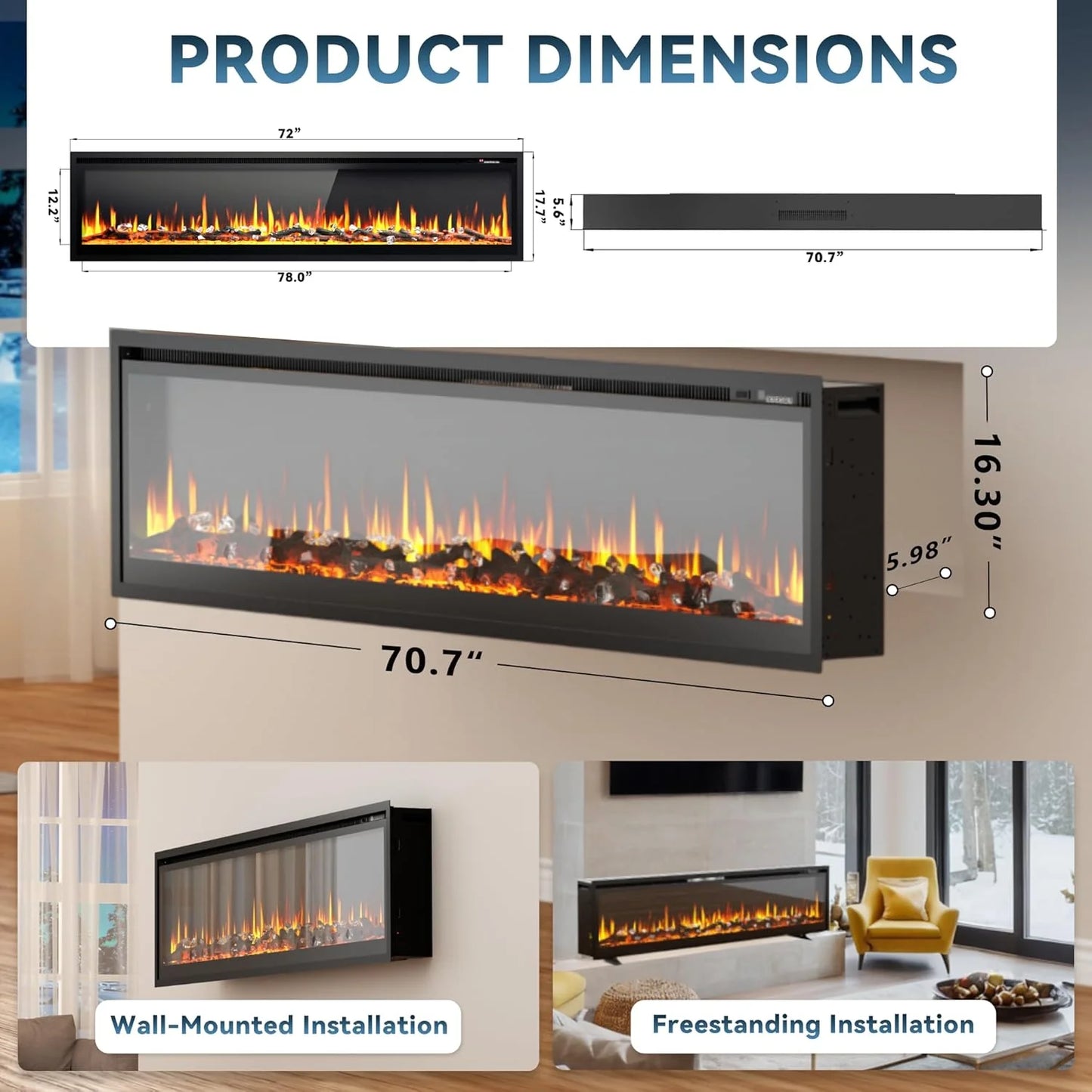 EUHOMY 50 Inch Electric Fireplace Wall Recessed and Wall Mounted with Adjustable Flame Color, Fireplace Heater with Remote Control, Linear Fireplace with Timer, Touch Screen, Log & Crystal, 750/1500W