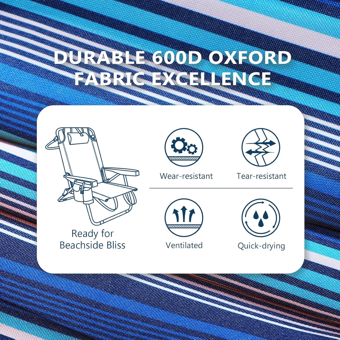 5-Position Aluminum Lay Flat Tall Backpack Beach Chairs 2 Pack Compact Portable Beach Chairs for Adults with Cooler Pouch, Storage Pouch, Towel Bar, Cup Holder & Phone Holder, Blue Stripe