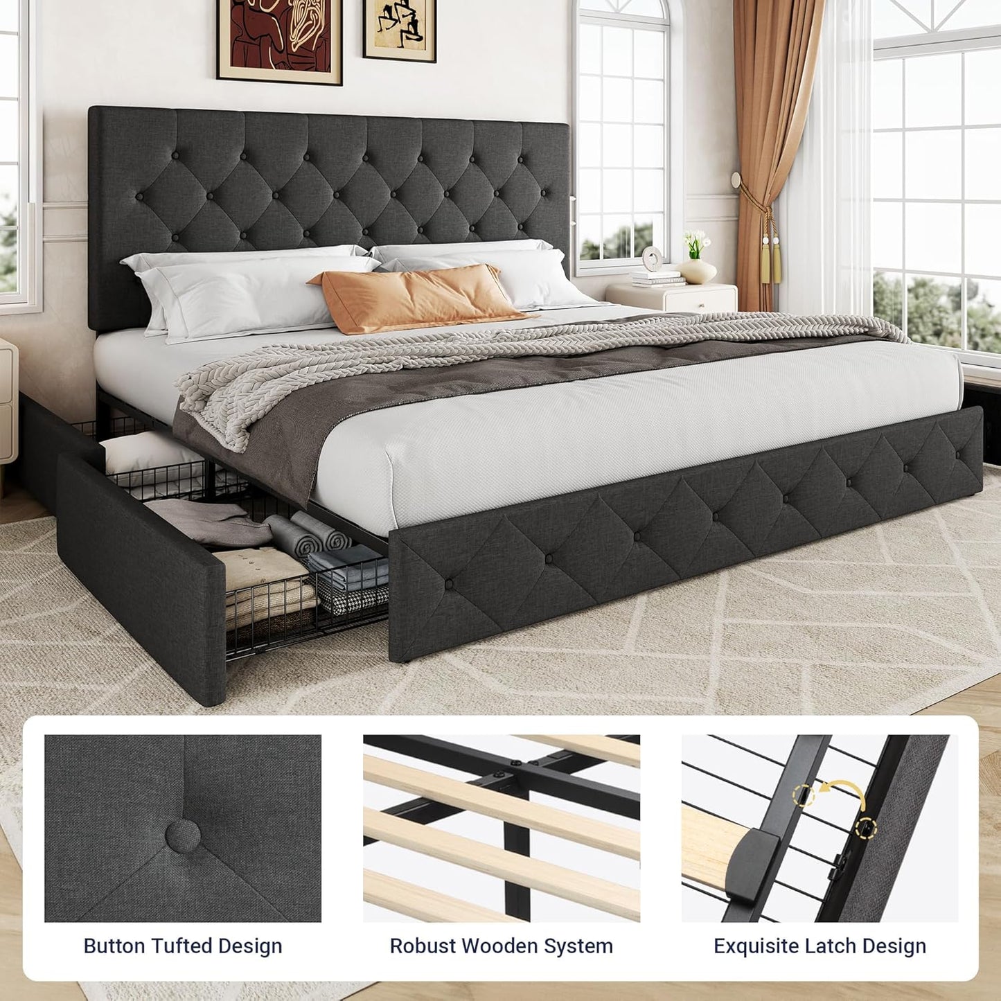 Allewie Upholstered Queen Size Platform Bed Frame with 4 Storage Drawers and Headboard, Square Stitched Button Tufted, Mattress Foundation with Wooden Slats Support, No Box Spring Needed