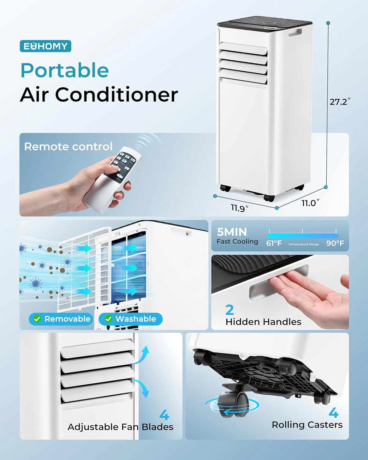 EUHOMY 8,000 BTU Portable Air Conditioners, 4-in-1 Portable AC Unit Up to 350 Sq.Ft, 4 Modes Quiet Air Conditioner with Remote Control, Cool, Fan, Dehumidifier, 24H Timer, Bedroom, Office, Apartments