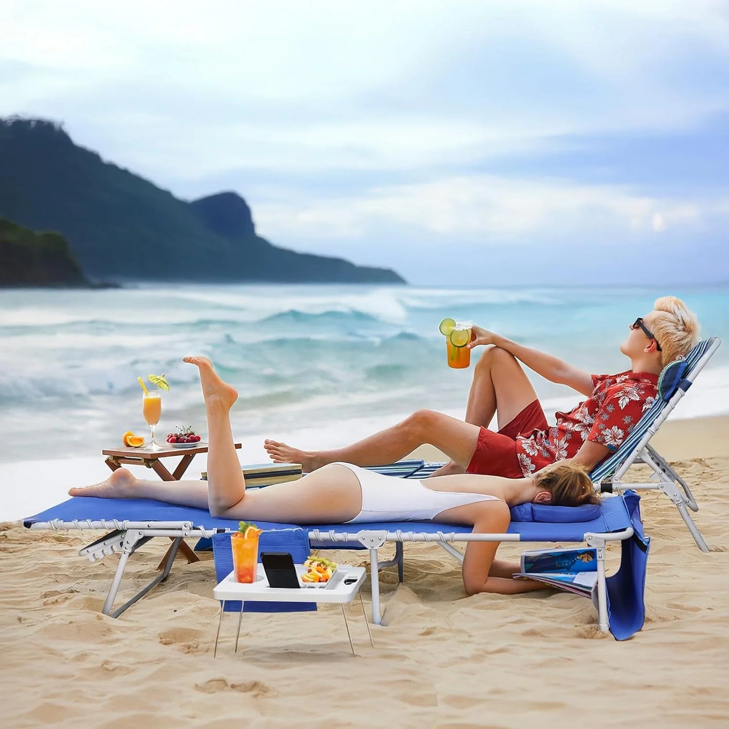 3-in-1 Beach Chair Face Holes Lounge Chair Outdoor with Folding Side Table 5-Position Recliner, Lay Flat Removable Pillow Heavy Duty, Max 330lbs, Poolside, Patio, Camping Backyard Striped Blue