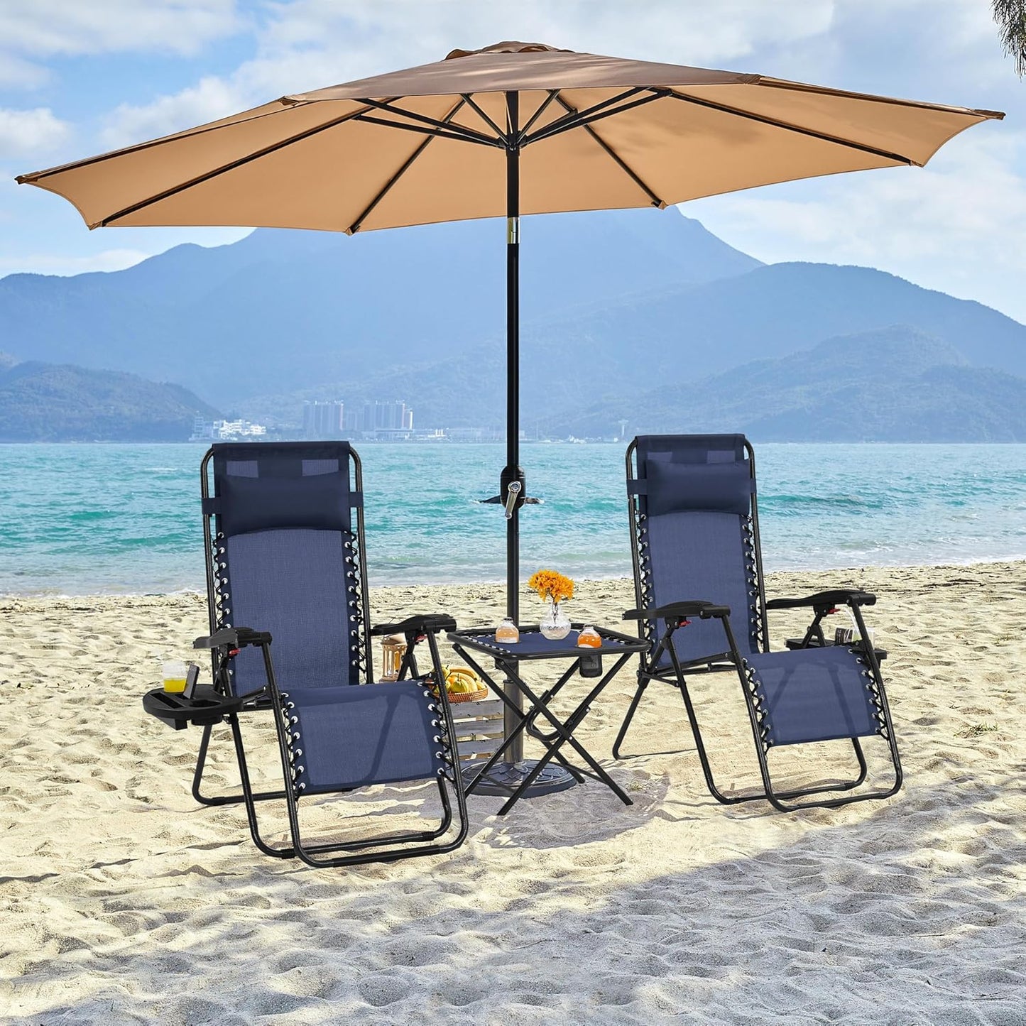 3PCS Zero Gravity Recliner Portable Outdoor Reclining Chair Set w/Side Table Folding Chaise Lounge Chairs