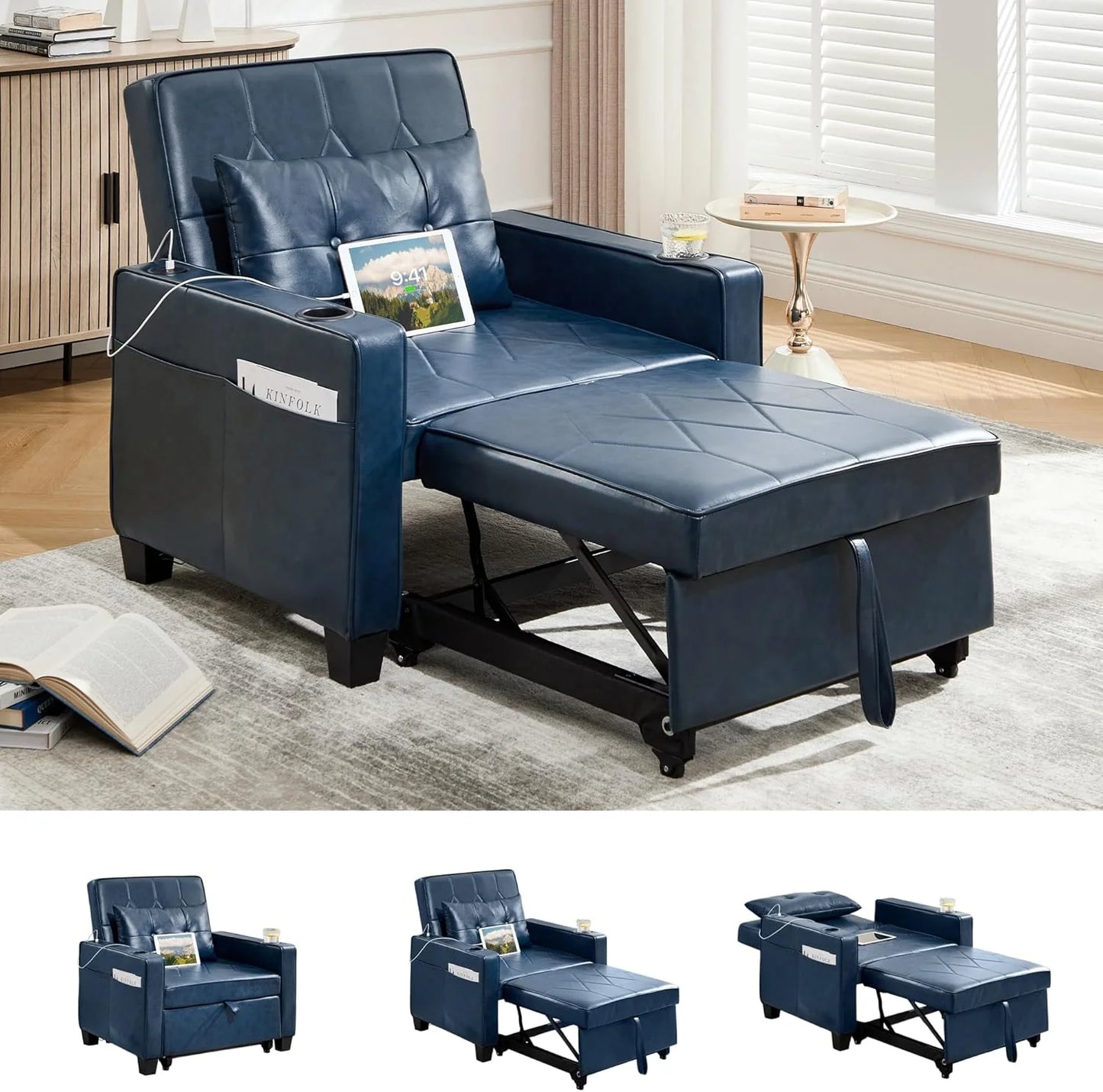 Adult Convertible Sleeper Chair Bed, 3-in-1 Pull-Out Sofa Bed with USB/Type-C Ports, Cup Holders, Side Pockets, Single Sofa