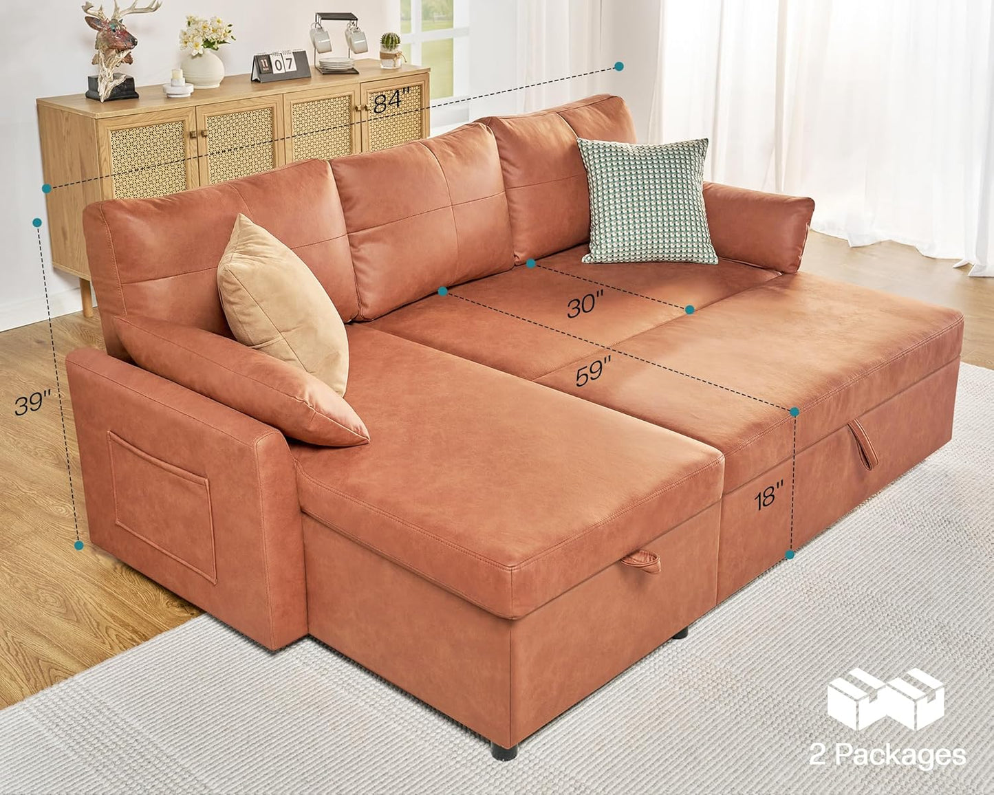 VanAcc Sofa Bed, Sleeper Sofa with Storage Chaise- 2 in 1 Pull Out Couch Living Room, Comfy Sleeper Couch