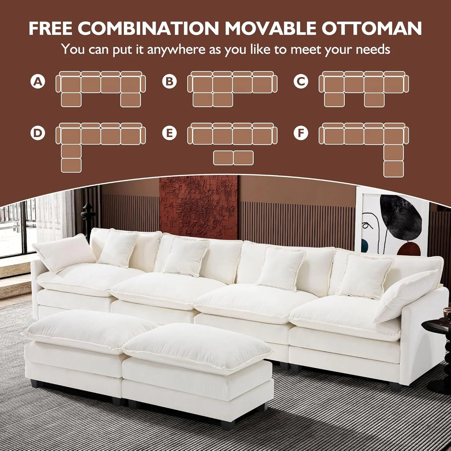 111.4 Inch L-Shaped Modern Sofa Modular Cloud Sofa with Ottoman, 4-Seater Chenille Deep Seat Sofa with Pillows for Living Room, Bedroom and Apartment, Beige