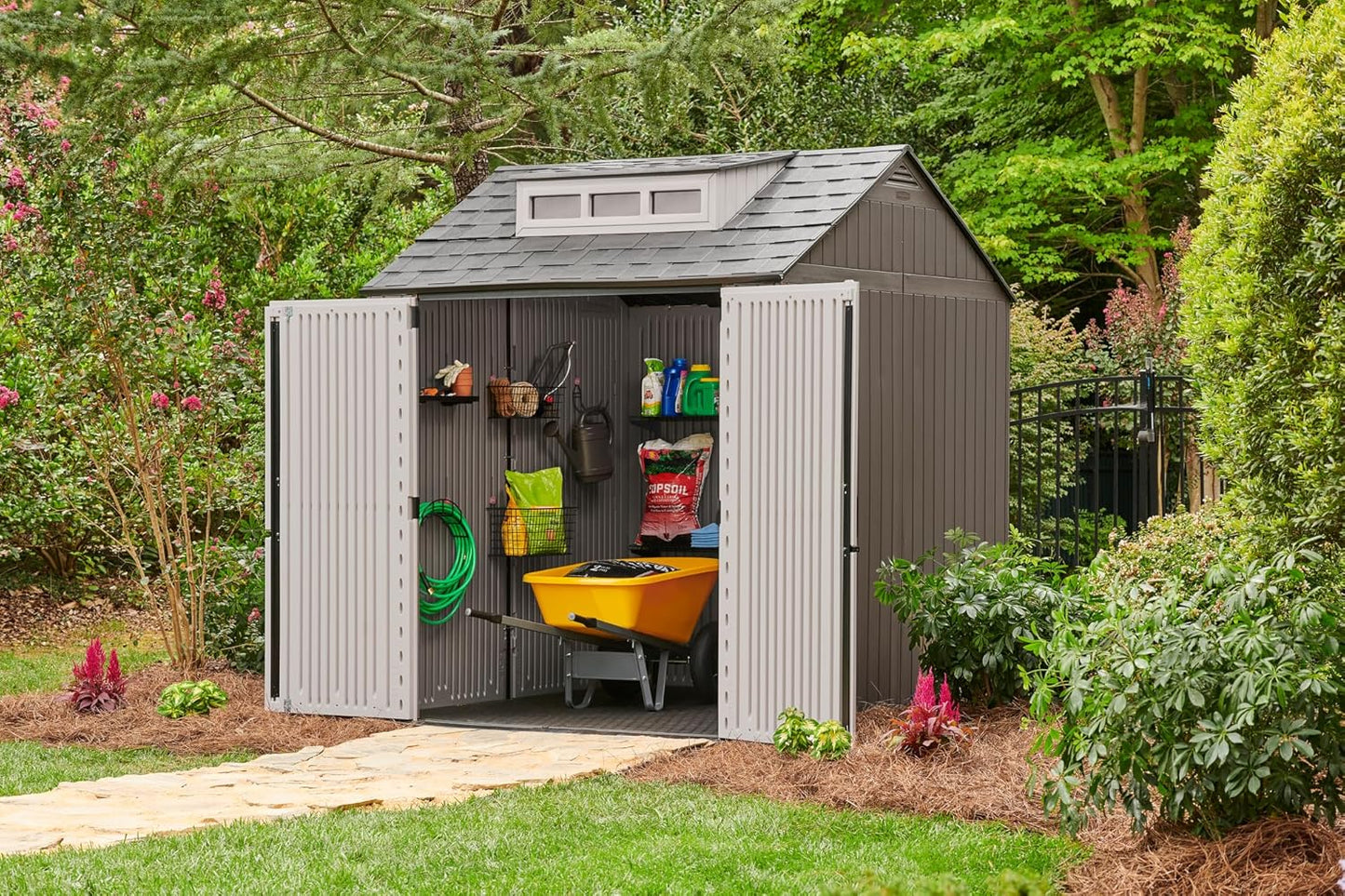 Rubbermaid Resin Outdoor Storage Shed With Floor (7 x 7 Ft) Weather Resistant Gray Organization for Home/Backyard/Garden Tools/Lawn Mower/Bike Storage/Pool Supplies
