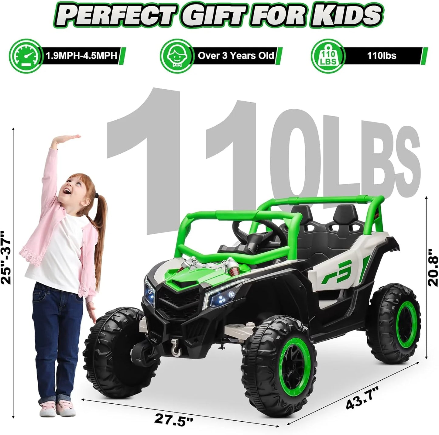 JOYRACER Kids Remote Control Car with 4 x 150W Motors, Shock Absorbers, Bluetooth, MP3 Player, and Headlights