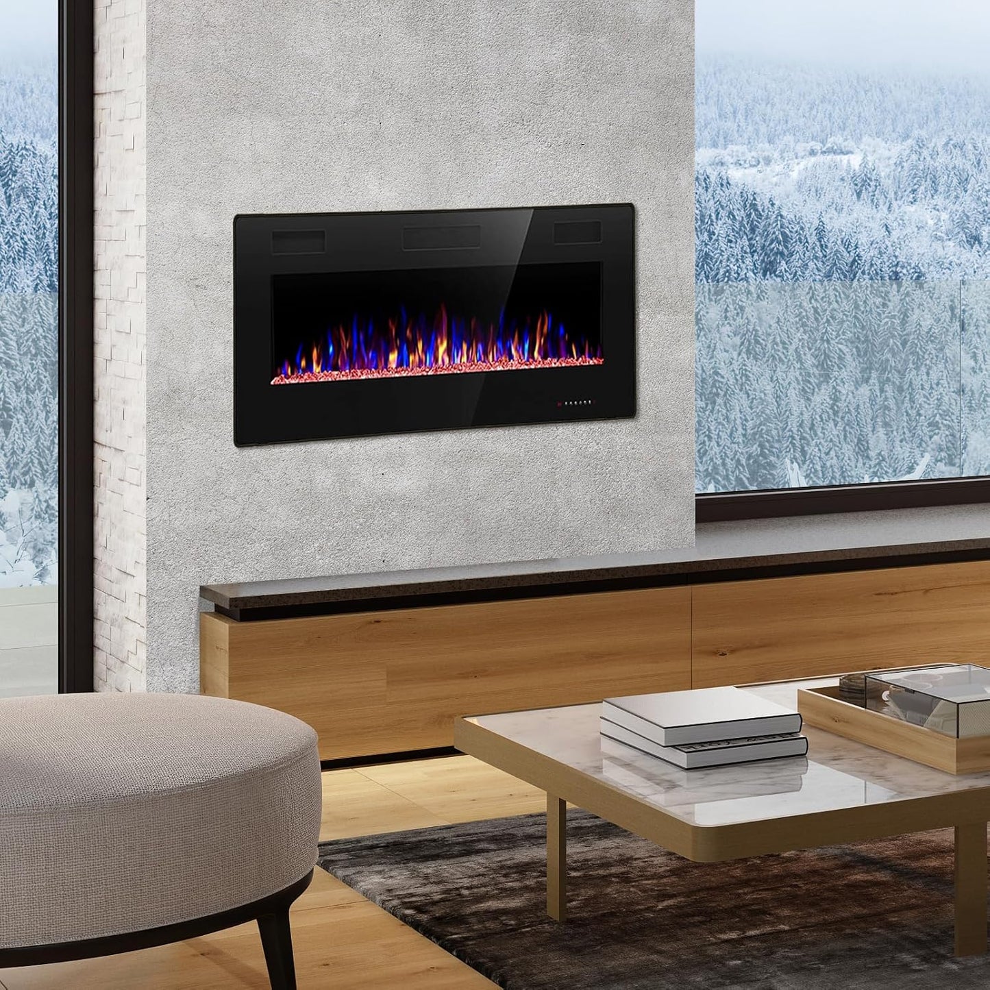 R.W.FLAME 60" Recessed and Wall Mounted Electric Fireplace, Low Noise, Fit for 2 x 6 Stud, Remote Control with Timer, Touch Screen, Adjustable Flame Color and Speed, 750-1500W