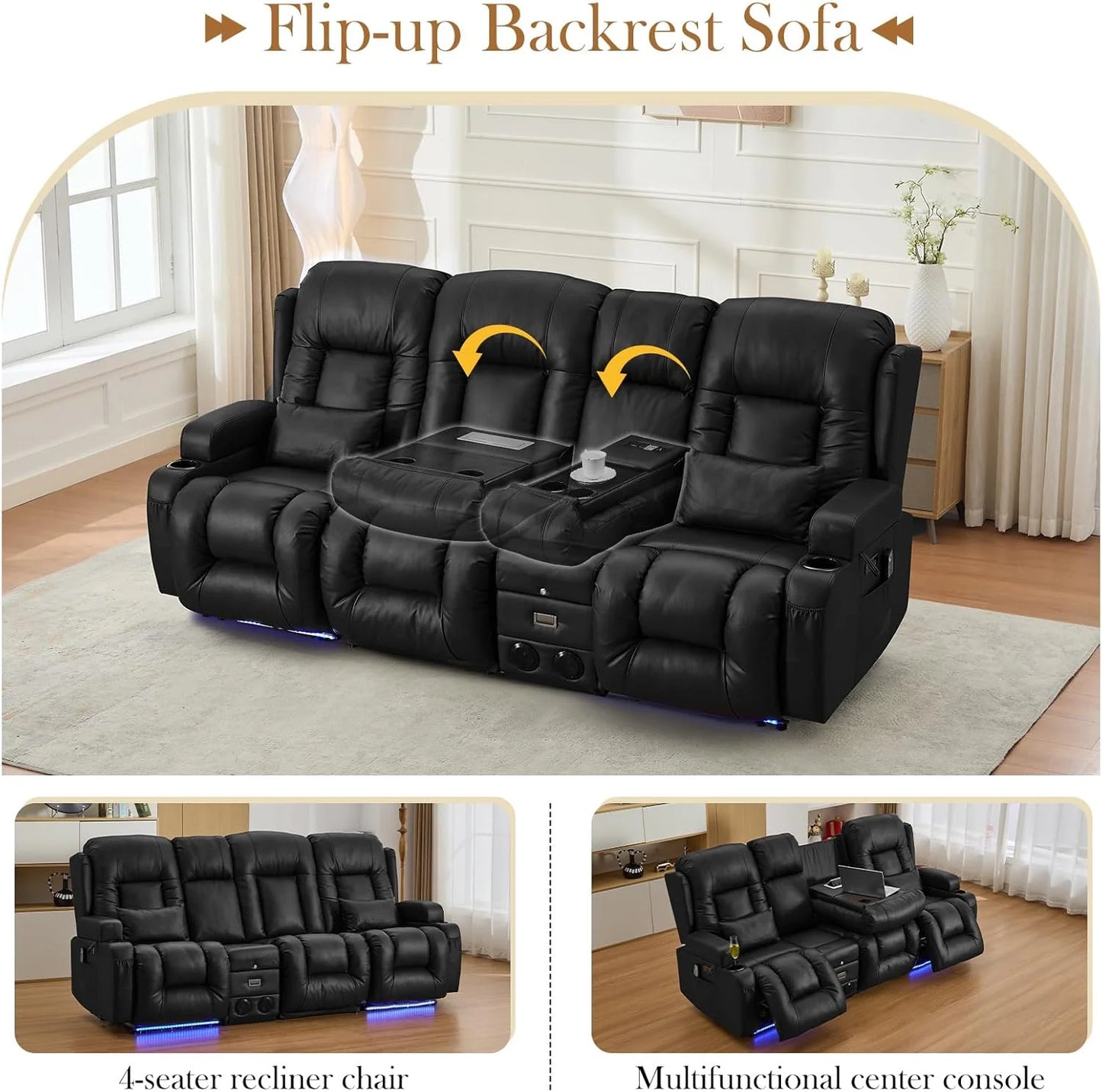 TUNYI Power Loveseat Recliner Sofa with Massage & Heat Home Theater Seating with Console Electric Recliner RV Sofa with USB/Outlet/Storage/Side Pocket/LED Light/Speaker (Brown, Loveseat)