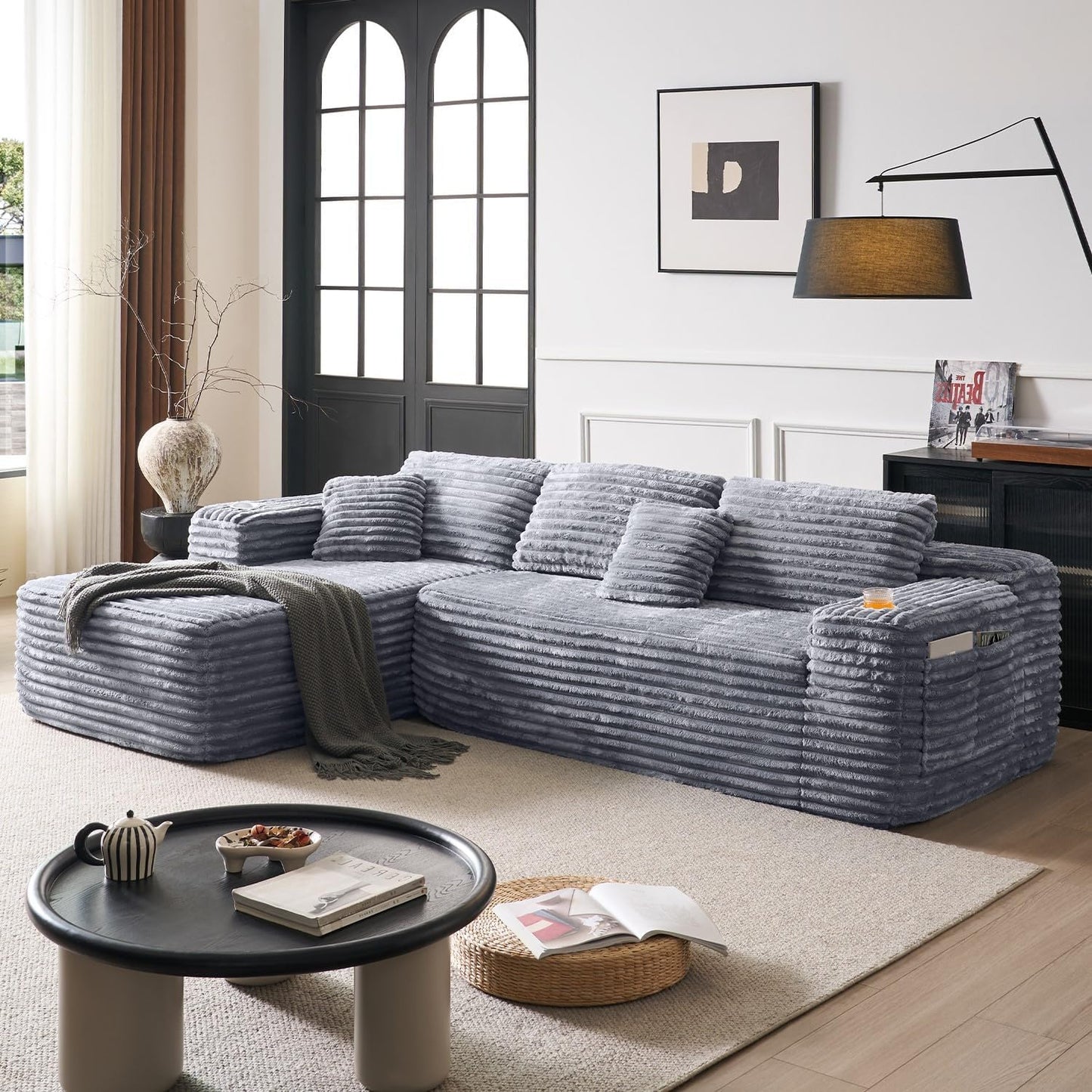 Cloud section sofa with L-shaped recliner, modern modular sofa, built-in cup holder