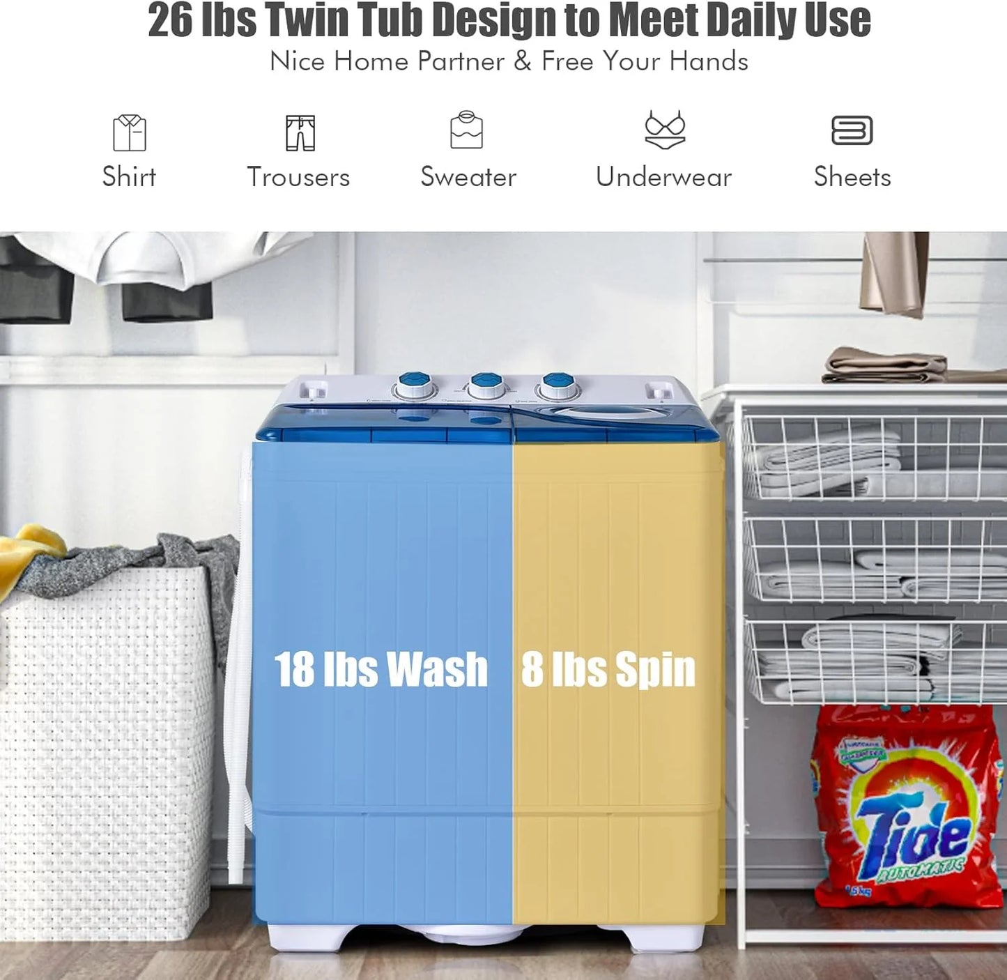 COSTWAY Double Tub 26 lb Capacity Laundry 18 lb 8 lb Spin Combo with Timer Knob Built-in Drain Pump Small Portable Washing Machine