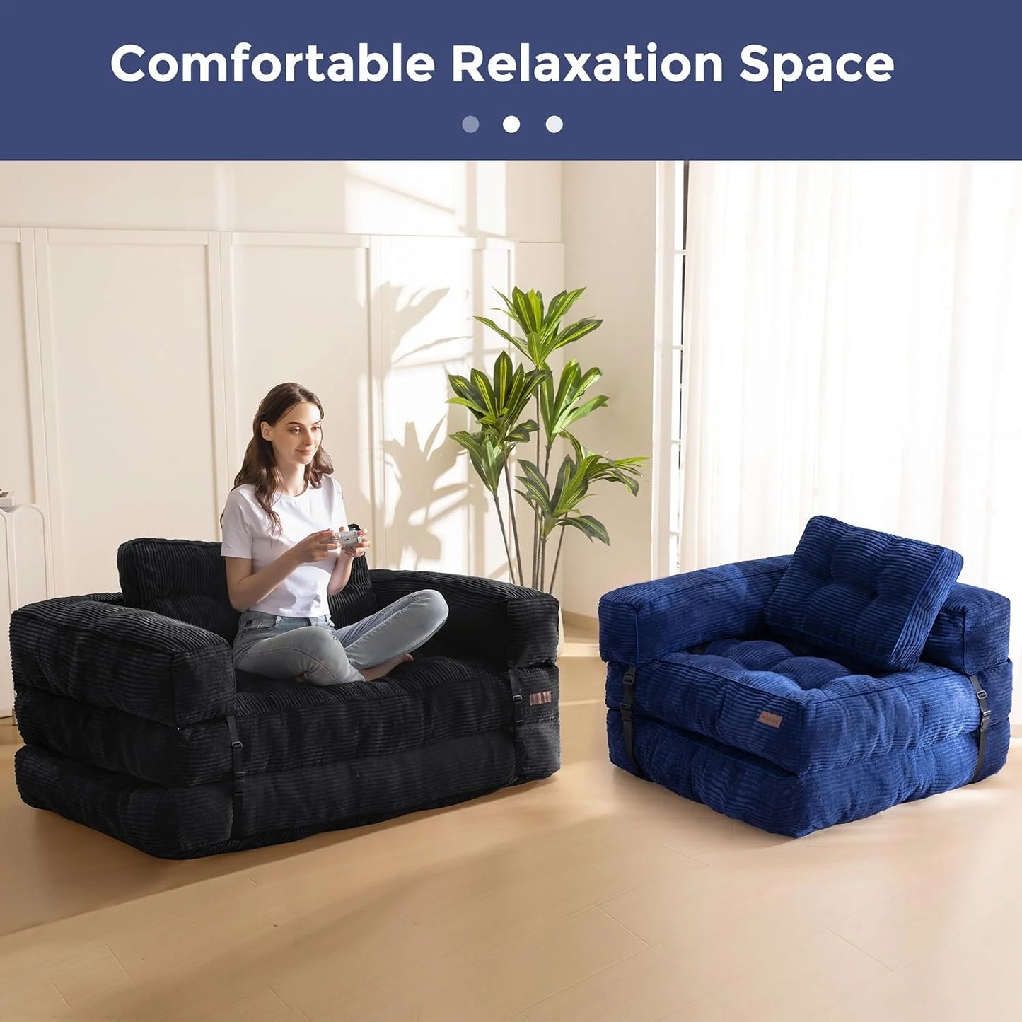 Folding Sofa Bed, L-Shaped Convertible Sofa Bed with Armrests and Pillows,