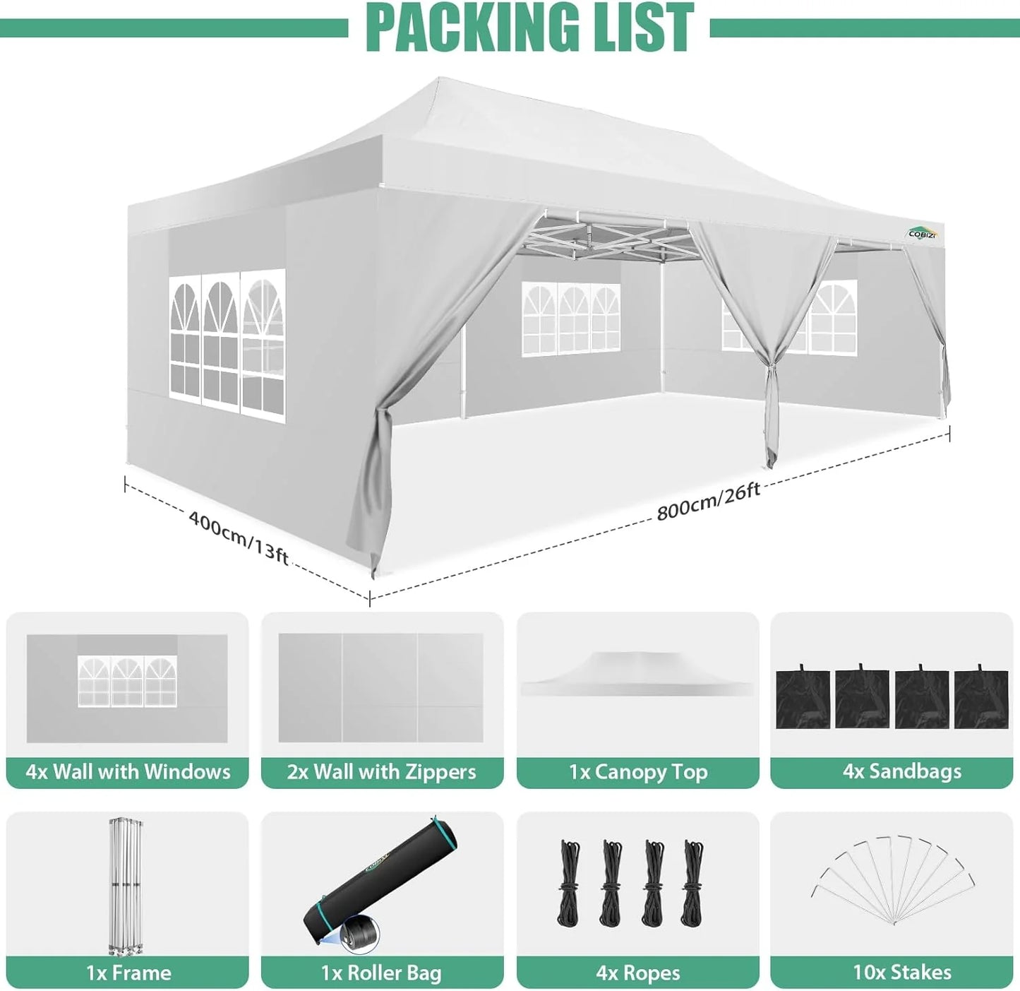 COBIZI 10x20 Heavy Duty Pop up Canopy Tent with 6 sidewalls Easy Up Commercial Outdoor Canopy Wedding Party Tents for Parties All Season Wind & Waterproof Gazebo with Roller Bag,Black(Frame Thickened)