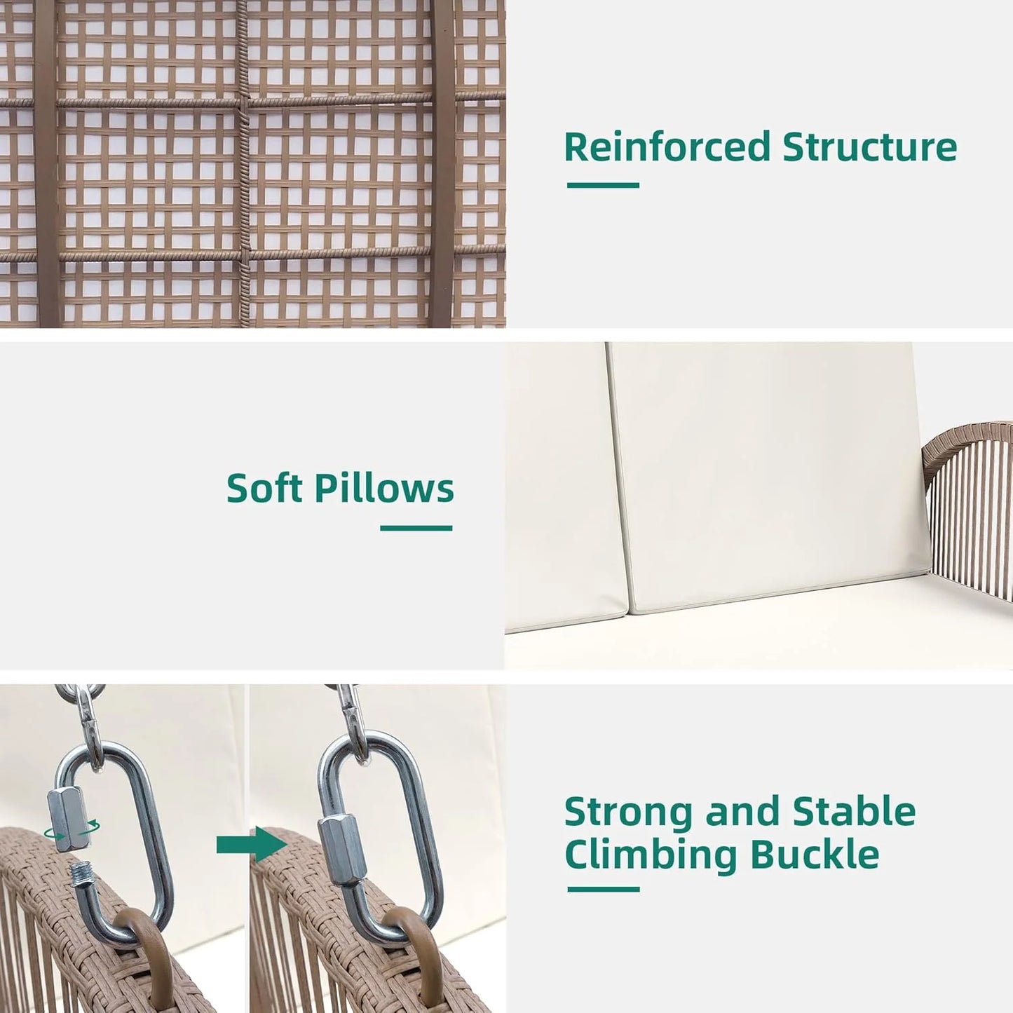 YITAHOME Hanging Porch Swing Chair Sits 3 People, Wicker Outdoor Swing Bench, Patio Lounge Chair, 1 Seating Cushion and 3 Back Cushions, w/Removable Covers, for Garden, Balcony, Backyard, Brown