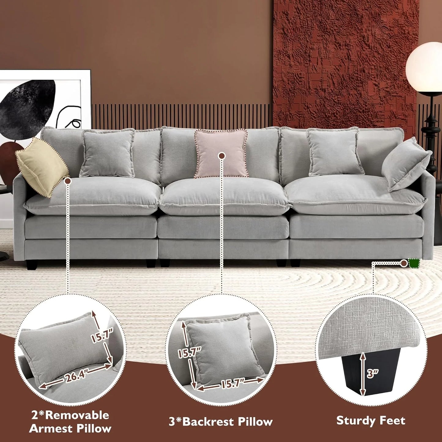 111.4 Inch L-Shaped Modern Sofa Modular Cloud Sofa with Ottoman, 4-Seater Chenille Deep Seat Sofa with Pillows for Living Room, Bedroom and Apartment, Beige