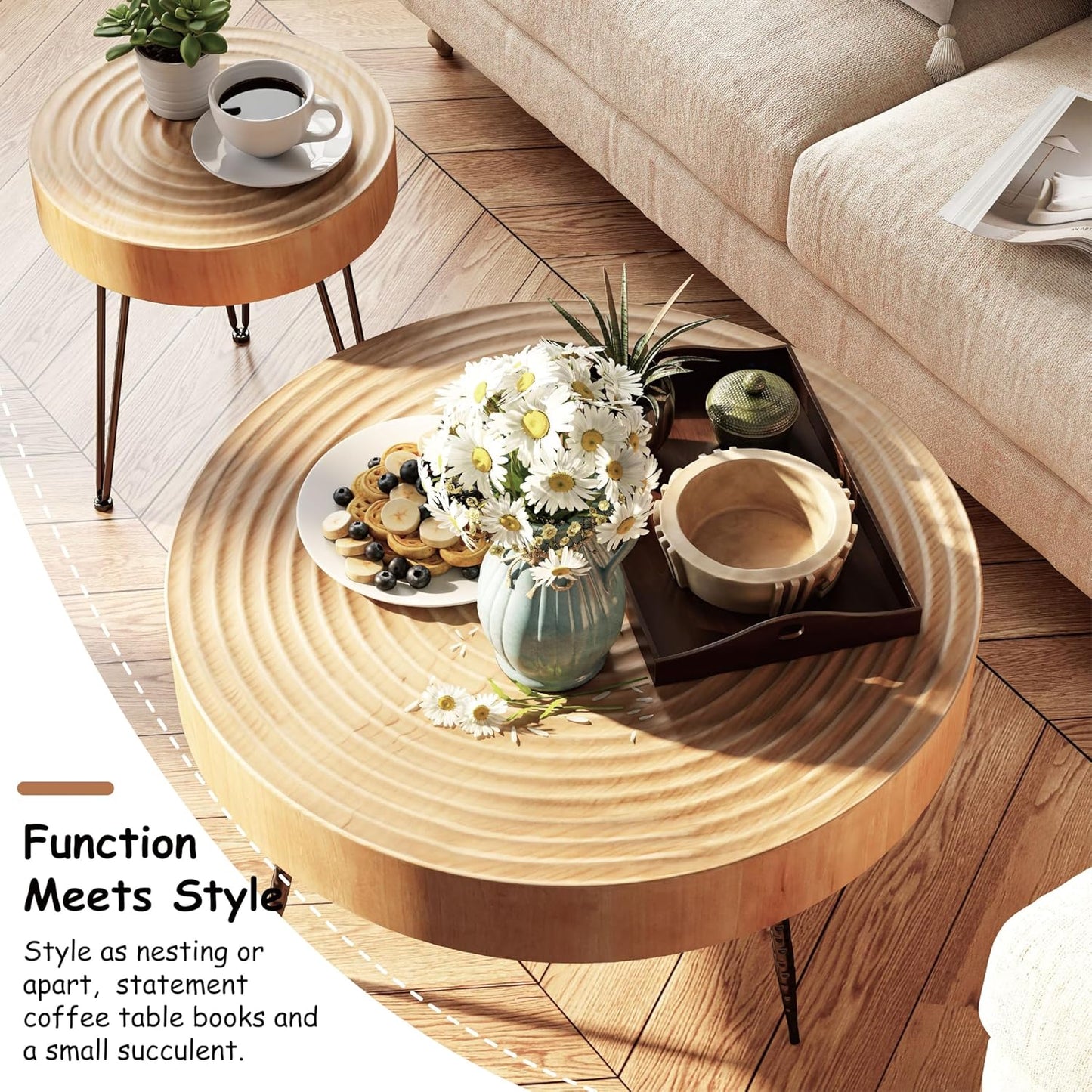 Two-Piece Modern Farmhouse Living Room Coffee Table Set, Round Nesting Tables
