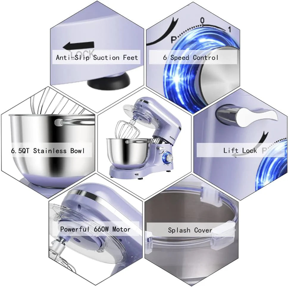 Aucma Stand Mixer,6.5-QT 660W 6-Speed Tilt-Head Food Mixer, Kitchen Electric Mixer with Dough Hook