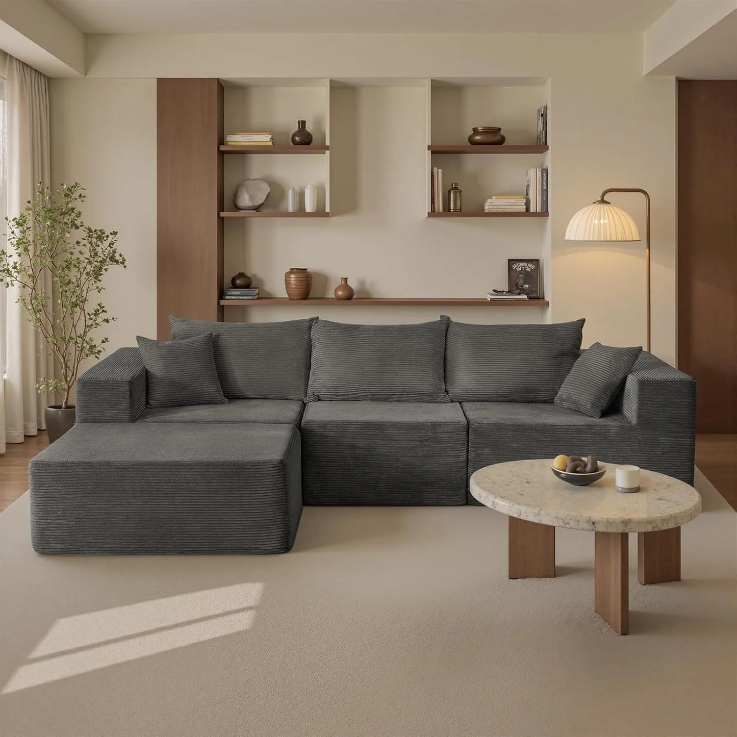 Cloud sofa with L-shaped lounge chair, modern modular sofa with deep seats