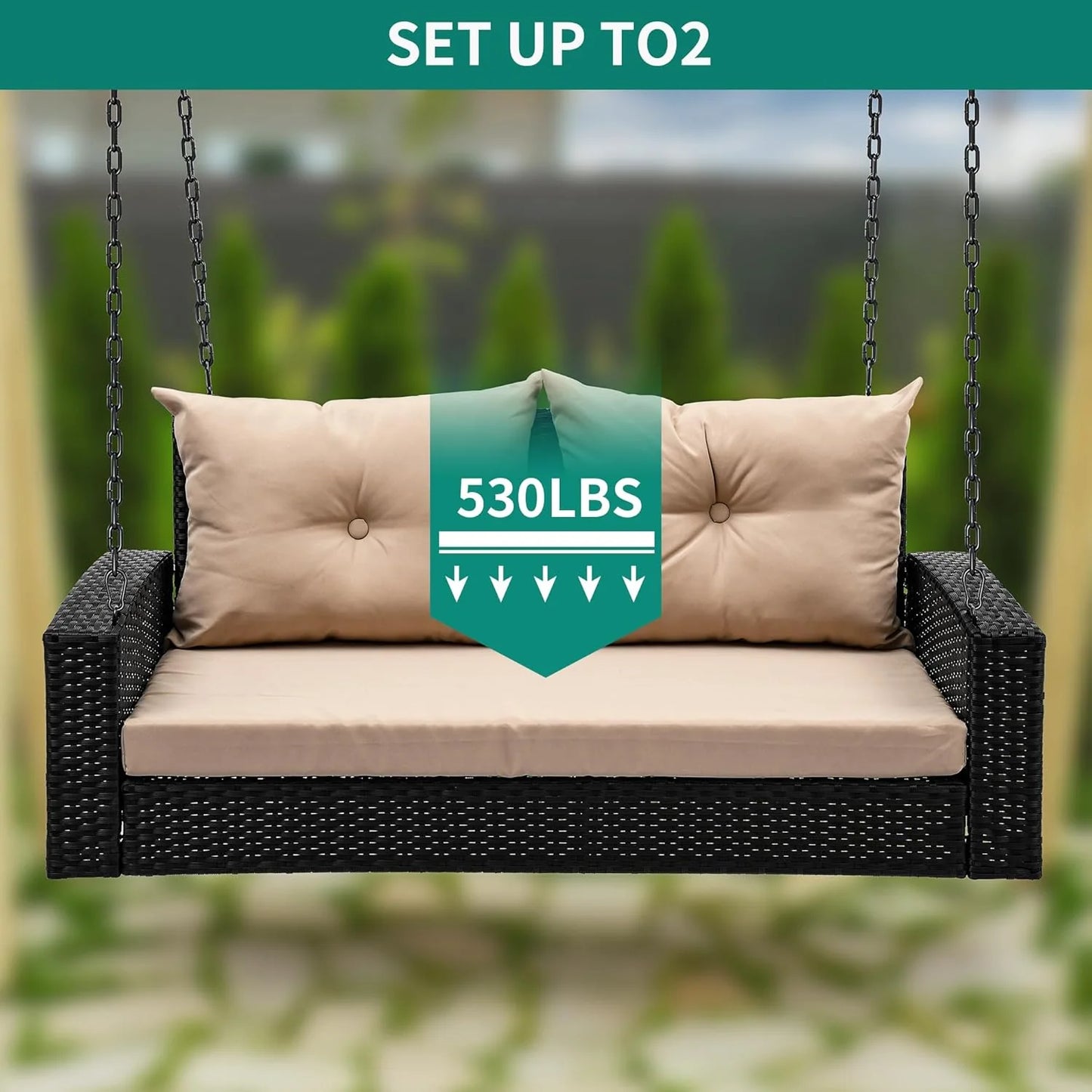 YITAHOME Hanging Porch Swing Chair Sits 3 People, Wicker Outdoor Swing Bench, Patio Lounge Chair, 1 Seating Cushion and 3 Back Cushions, w/Removable Covers, for Garden, Balcony, Backyard, Brown