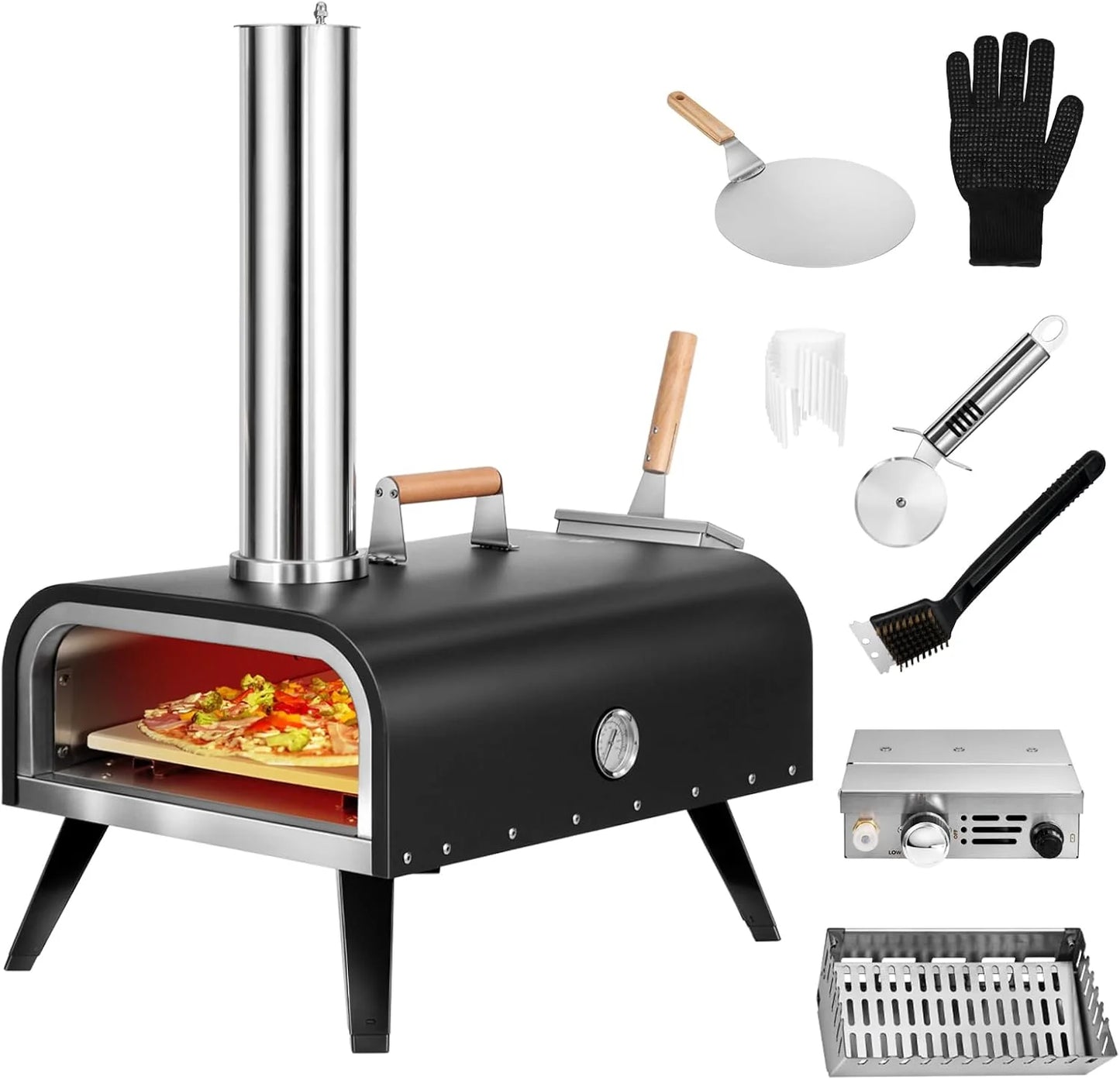 EDOSTORY Outdoor Pizza Oven, Wood Fired for Outside, Patio Maker With Stone, Peel, Grill Rack, and Waterproof Cover for Backyard Camping