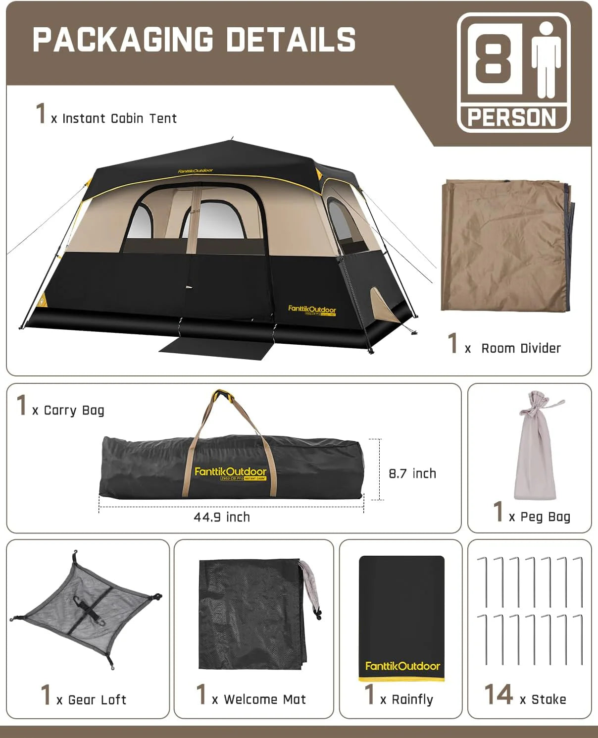 Portable camping tent for 4/6/8/10 people with instant cabin and rainproof and windproof