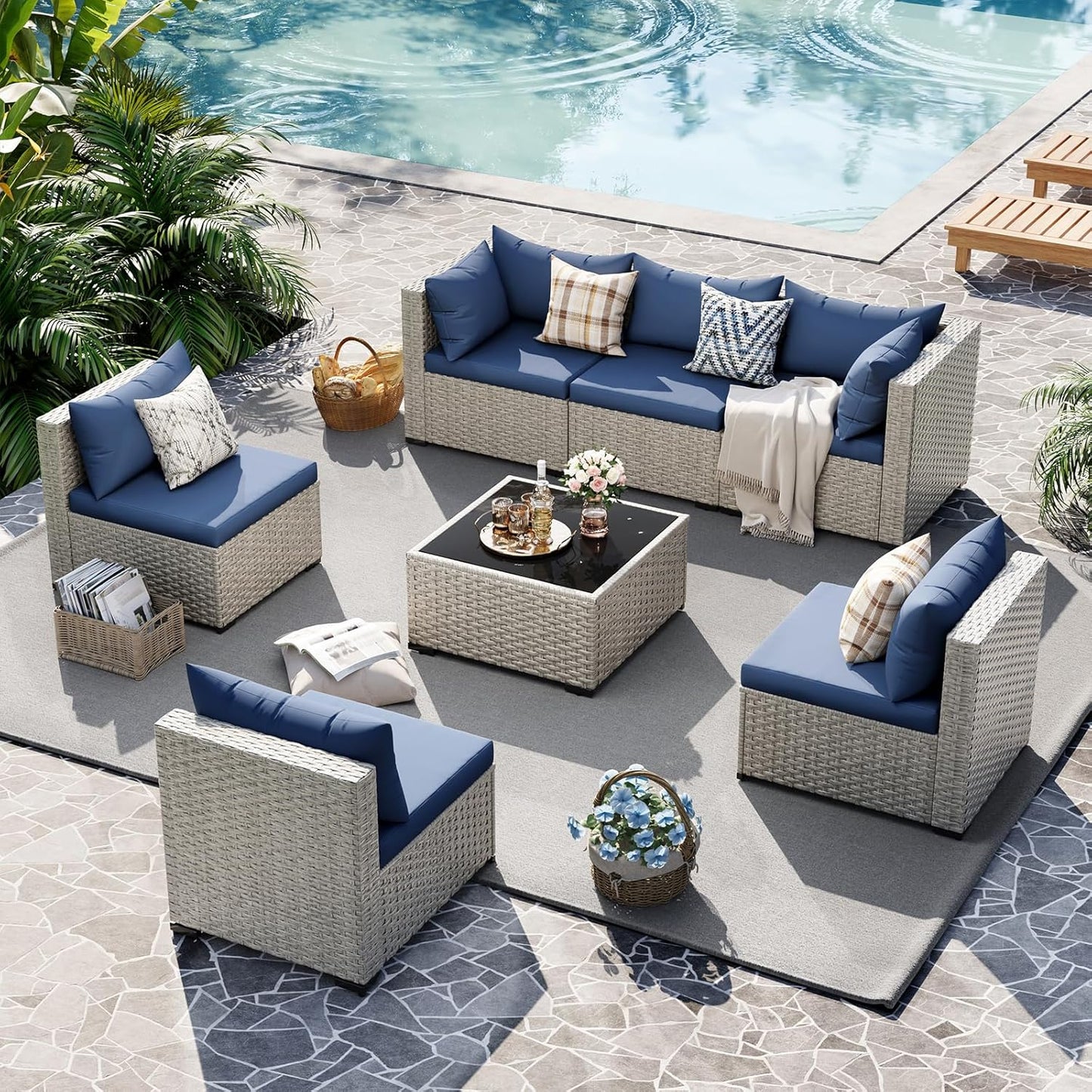 UDPATIO Outdoor Patio Furniture Set, 7-Piece PE Wicker Sectional Sofa with Tea Table, Outdoor Conversation Set