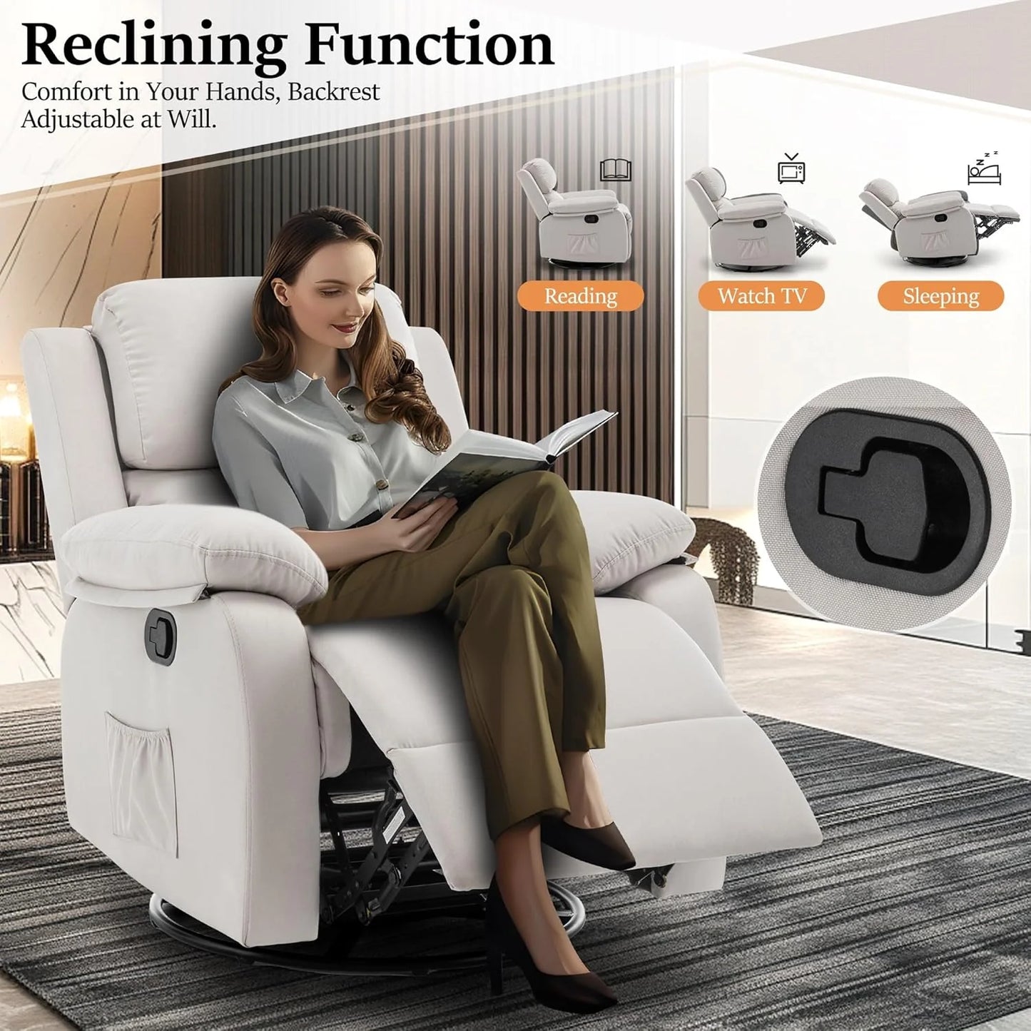Reclining rocking chair 360 degree rotating fabric sliding reclining chair