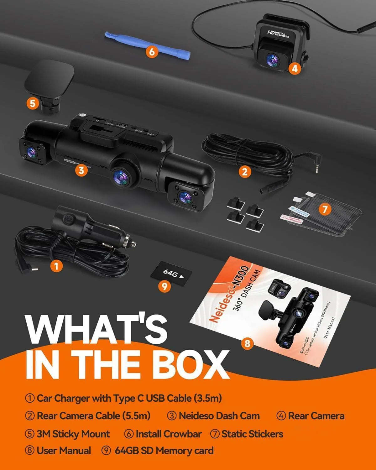 360° Dash Cam 4-Channel FHD 4*1080P Wi-Fi GPS Voice Control Car Camera, Front 2K+1080P*2 Dash Cam, with 64GB SD Card, Night Vision, 24-Hour Parking Mode