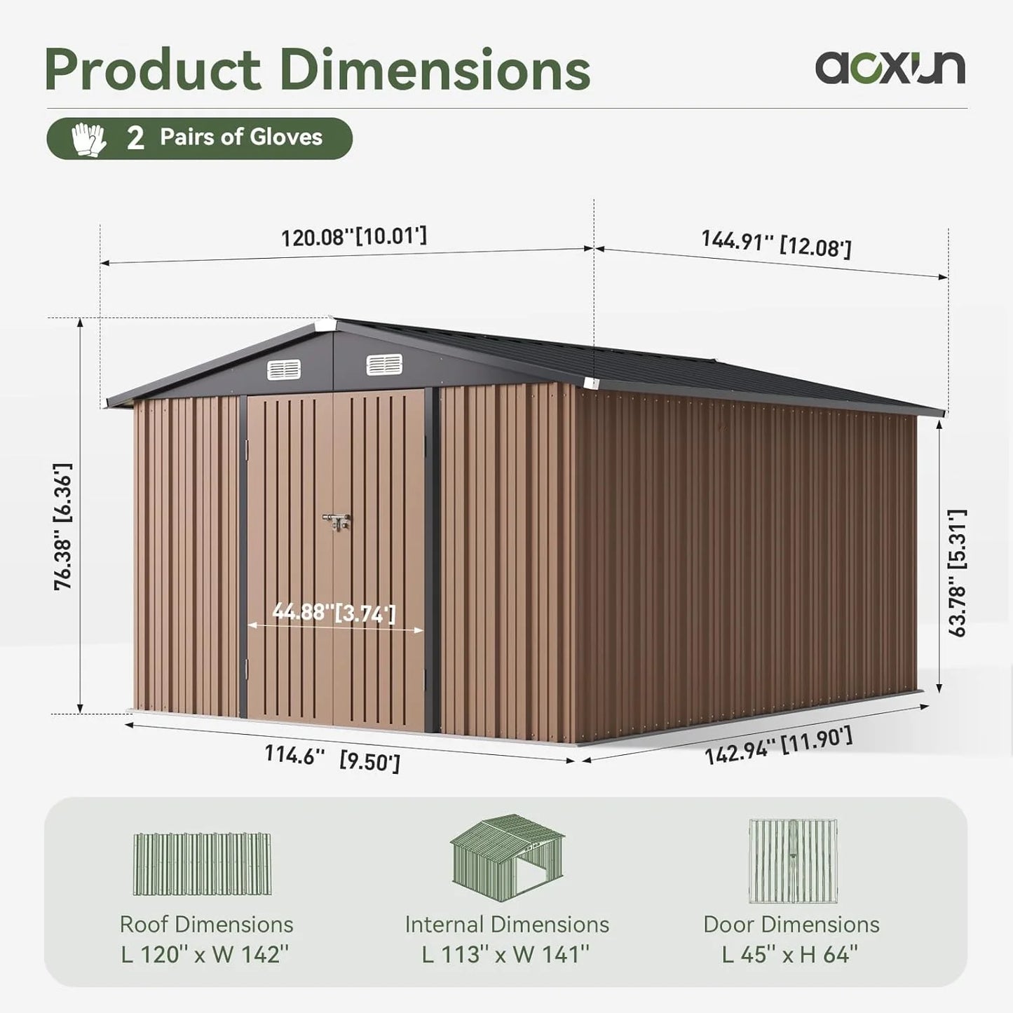 Aoxun 12x10 FT Shed Metal Outdoor Waterproof Storage Shed Steel Utility Garden Tool Shed with Door & Lock Outdoor Storage for Garden Patio Lawn Poolside, Brown