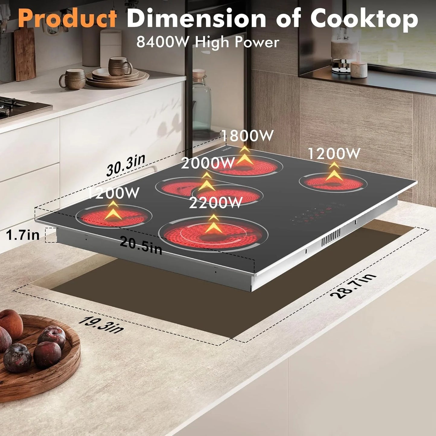 Electric Cooktop 30 Inch - 5 Burners Built-in Ceramic Cooktop, 30" Electric Stove Top with Glass Protection Metal Frame, 9 Heating Level, 8400W, 220-240V for Hard Wire(No Plug)