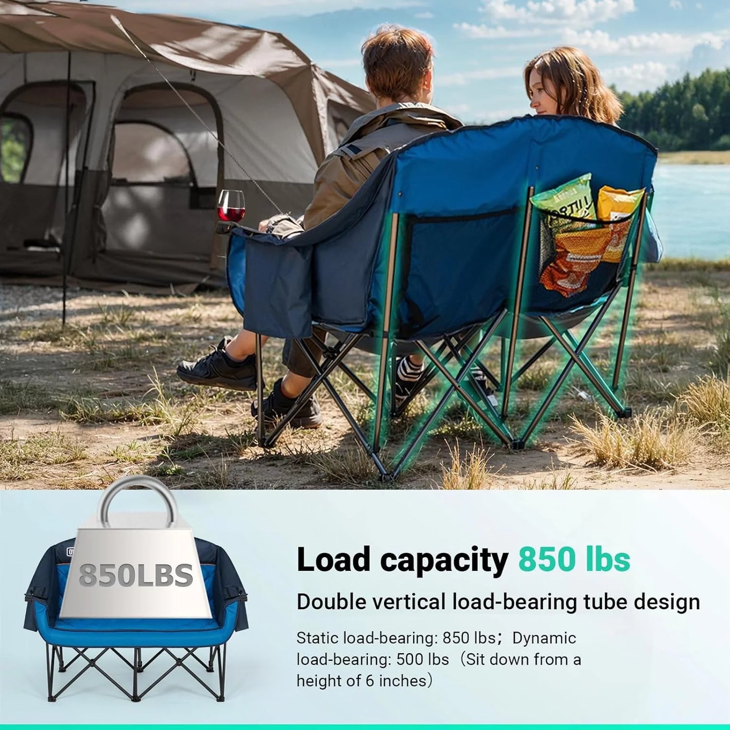 Extra Large Double Camping Chair - 2 Person Comfortable Sofa Chair Adult Loveseat - Heavy Duty Lawn Chair