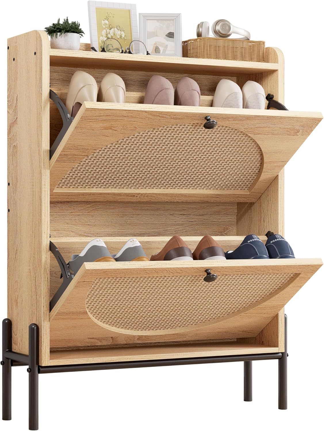 IRONCK Shoe Cabinet Storage with 2 Flip Drawers, Free Standing Wooden Shoe Storage Organizer Cabinet with Rattan Doors for Entryway, Narrow Shoe Rack Cabinet, Oak