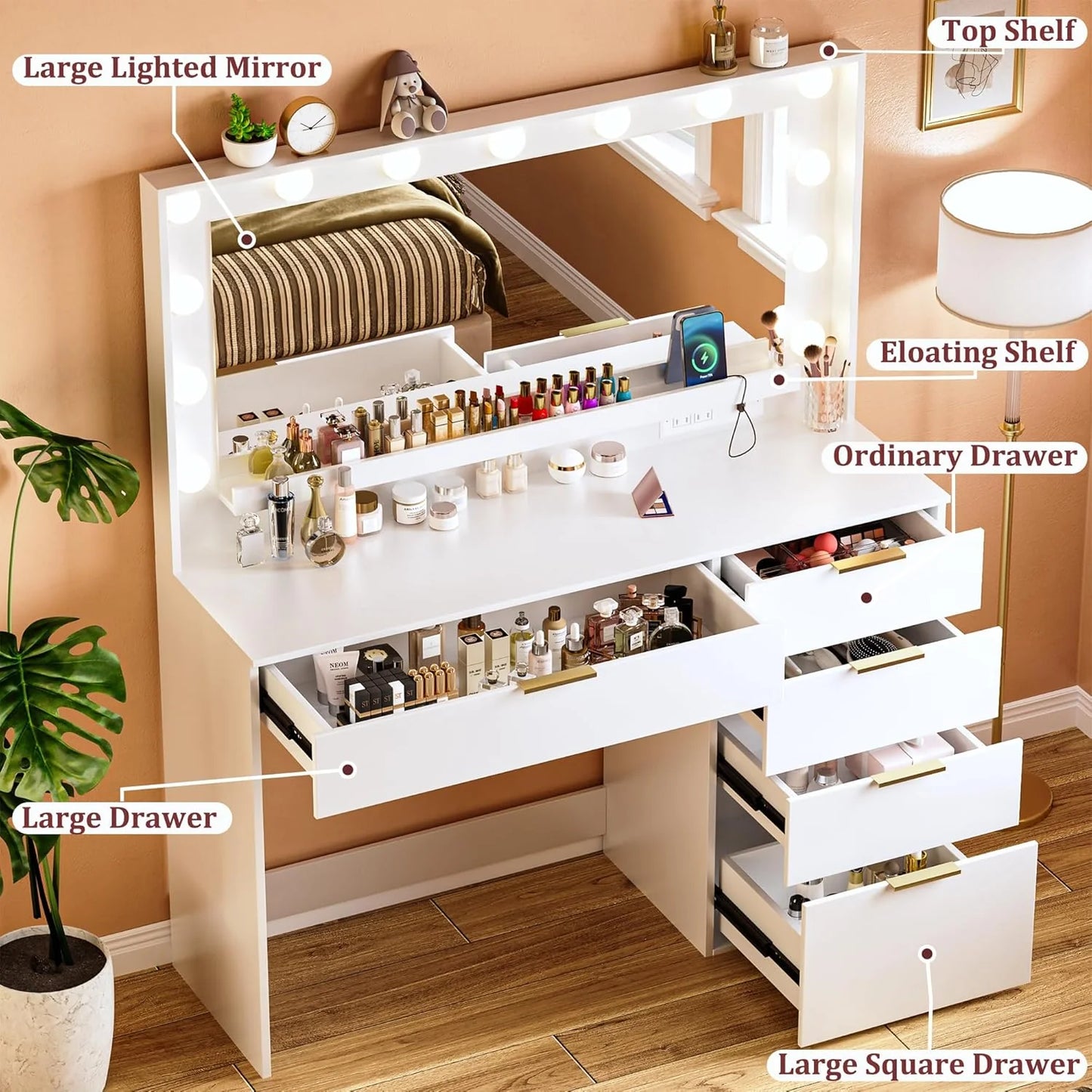 Vanity Desk with Mirror and Lights 39.3in Makeup Vanity with Large Mirror