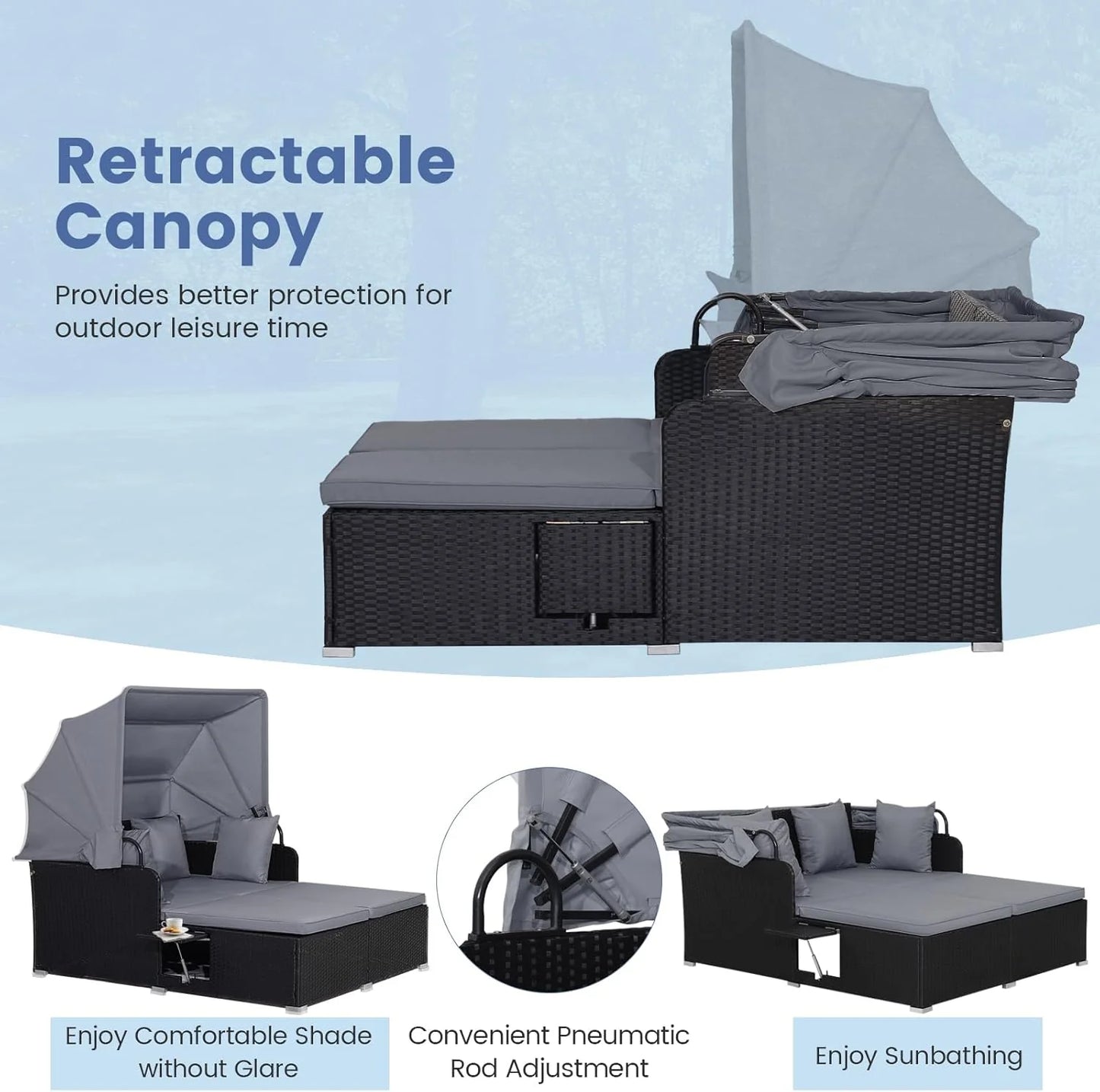 RELAX4LIFE Patio Outdoor Daybed with Canopy, Wicker Sunbed w/Cushions, 4 Pillows & 2 Retractable Side Trays, 2-Person Lounge Bed Conversation for Poolside Porch Garden, Rattan Outdoor Bed (Turquoise)