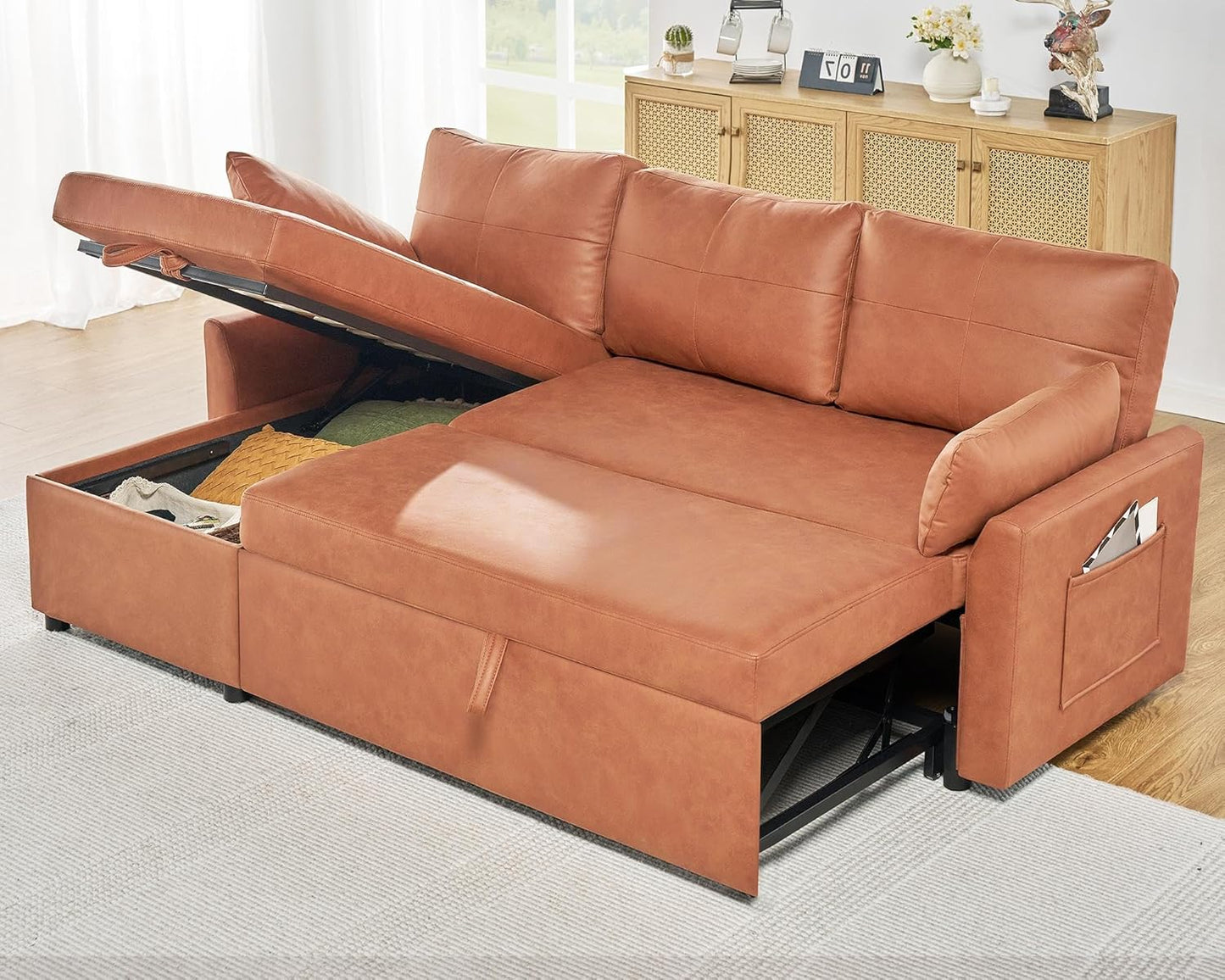 VanAcc Sofa Bed, Sleeper Sofa with Storage Chaise- 2 in 1 Pull Out Couch Living Room, Comfy Sleeper Couch