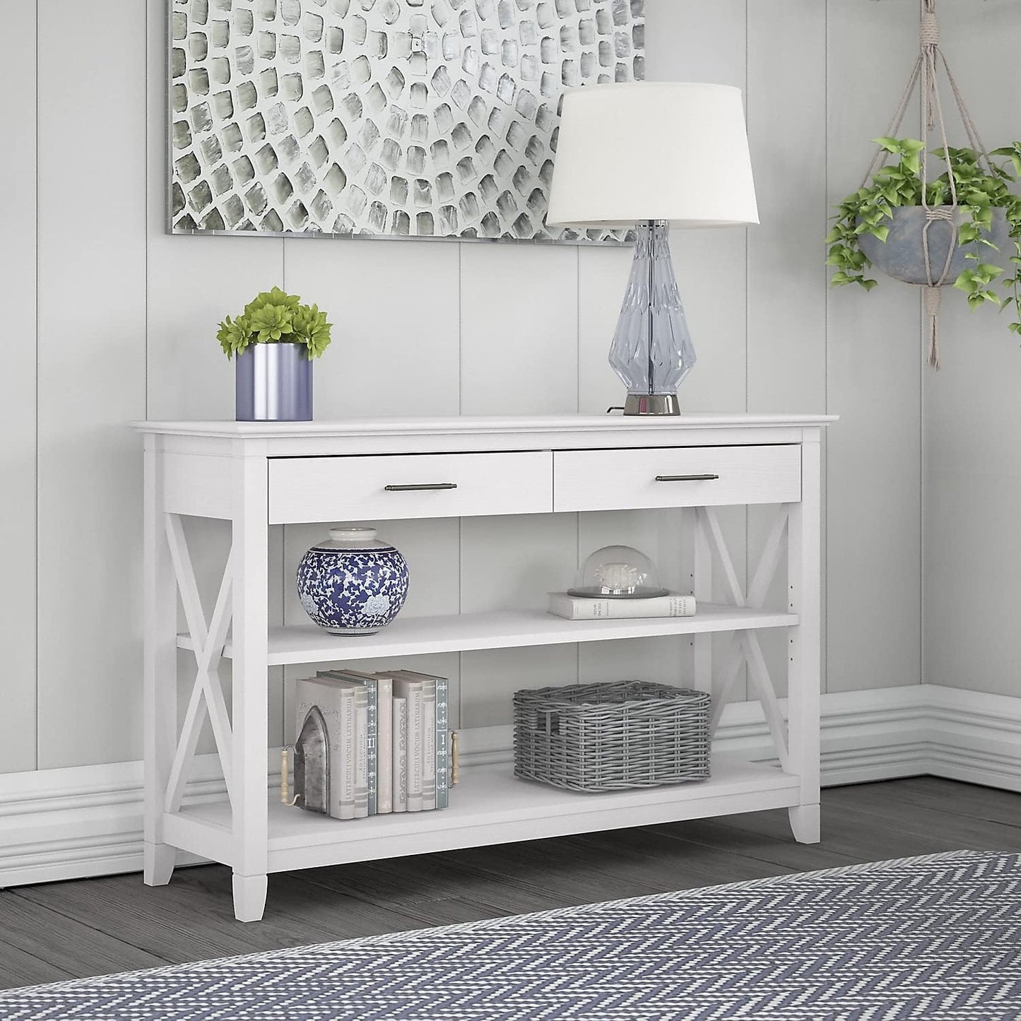 Key West Console Table with Drawers and Shelves in Linen White Oak