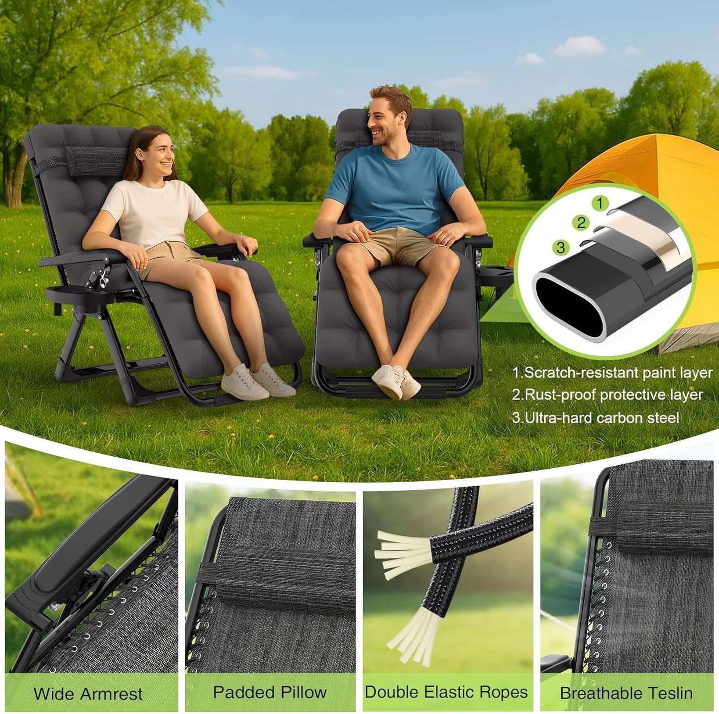Indoor and outdoor patio chair folding lounge chair zero gravity chair with removable cushion camping lounge chair