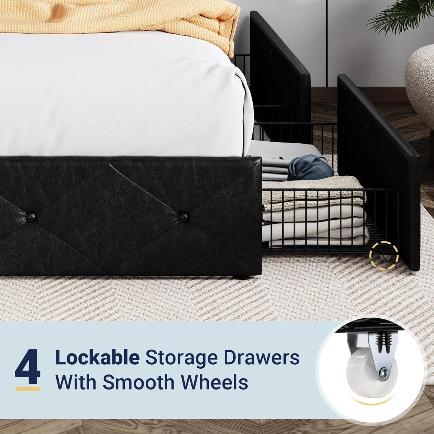 Allewie Upholstered Queen Size Platform Bed Frame with 4 Storage Drawers and Headboard, Square Stitched Button Tufted, Mattress Foundation with Wooden Slats Support, No Box Spring Needed