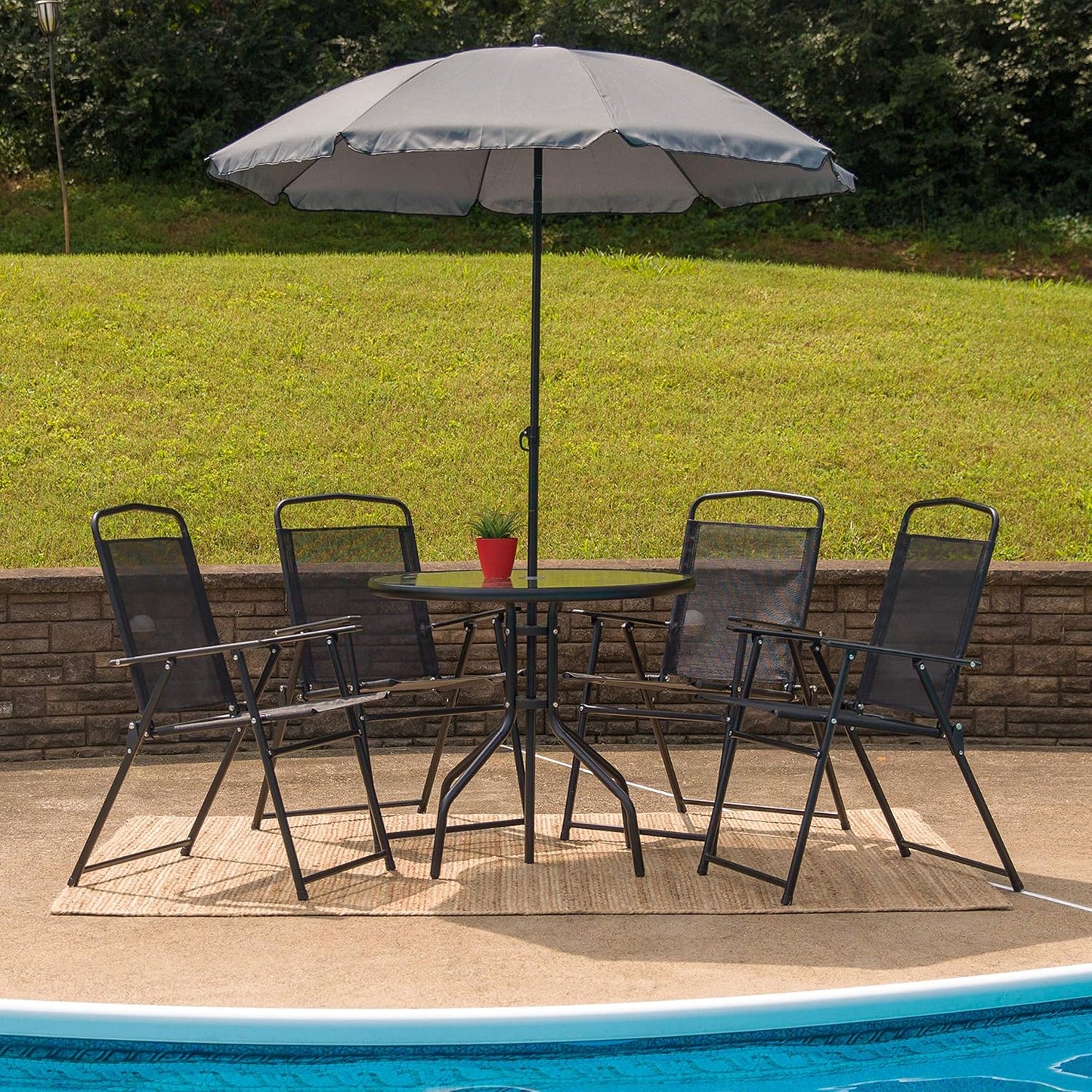 EMMA + OLIVER 6 Piece Brown Patio Garden Set with Umbrella Table and Set of 4 Folding Chairs
