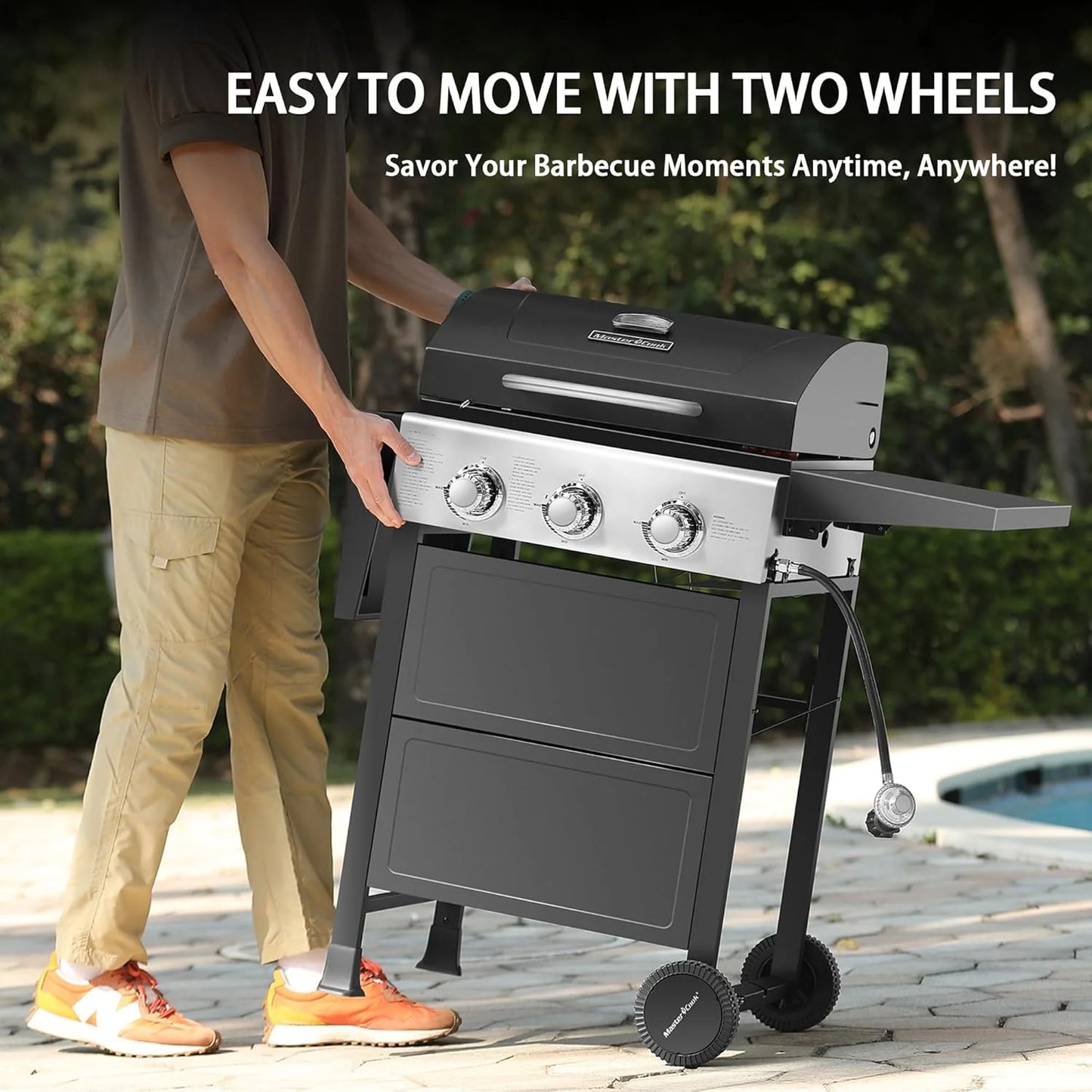 3 Burner BBQ Propane Gas Grill, Stainless Steel 30,000 BTU Patio Garden Barbecue Grill with Two Foldable Shelves