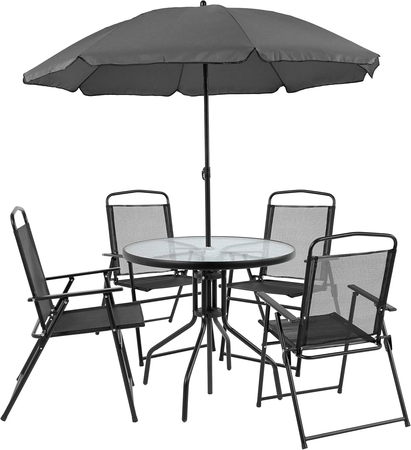 EMMA + OLIVER 6 Piece Brown Patio Garden Set with Umbrella Table and Set of 4 Folding Chairs