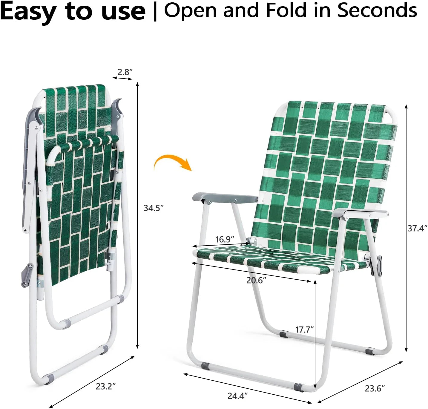 VINGLI Patio Lawn Webbed Folding Chairs Set of 2, Outdoor Beach Portable Lawn Chair Camping Chair Beach Chair