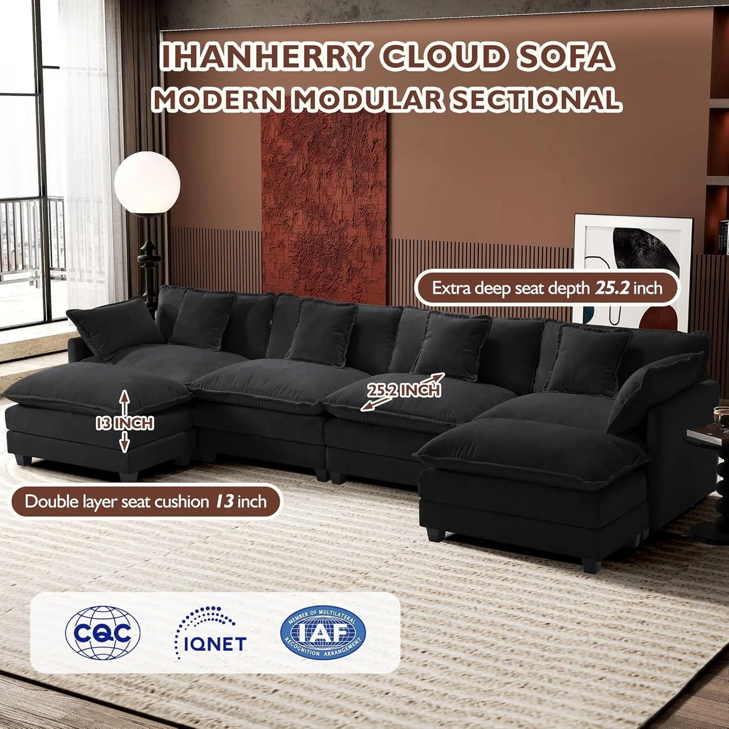 ihanherry 146-inch U-shaped modern sofa modular area cloud sofa