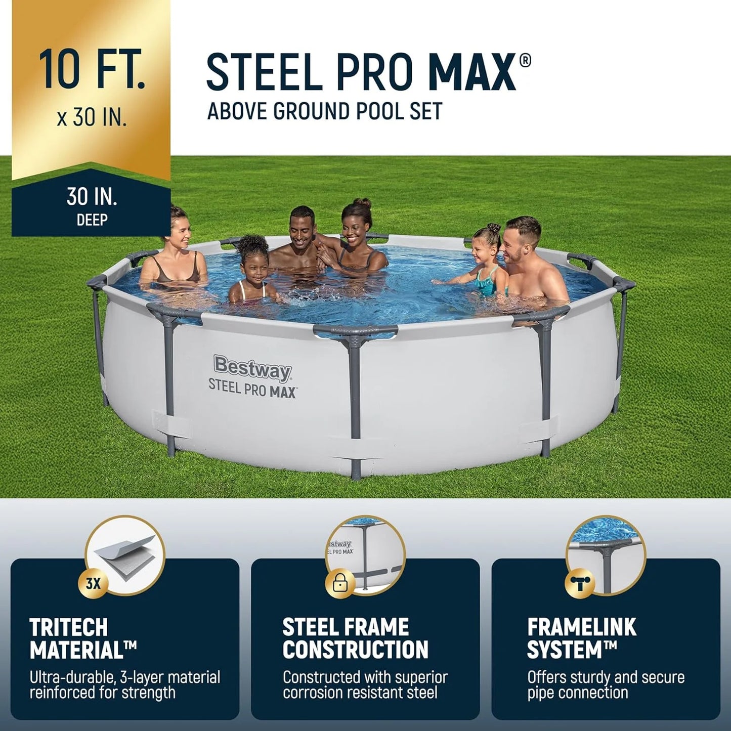 Steel Pro MAX 10 Foot x 30 Inch Round Metal Frame Above Ground Outdoor Backyard Swimming Pool Set with 330 GPH Filter Pump