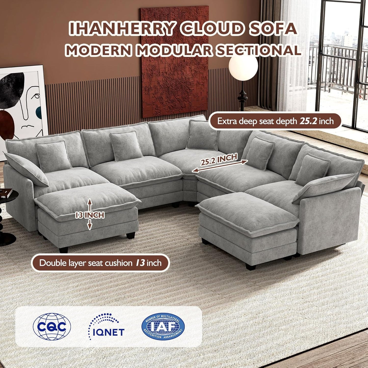ihanherry 146-inch U-shaped modern sofa modular area cloud sofa